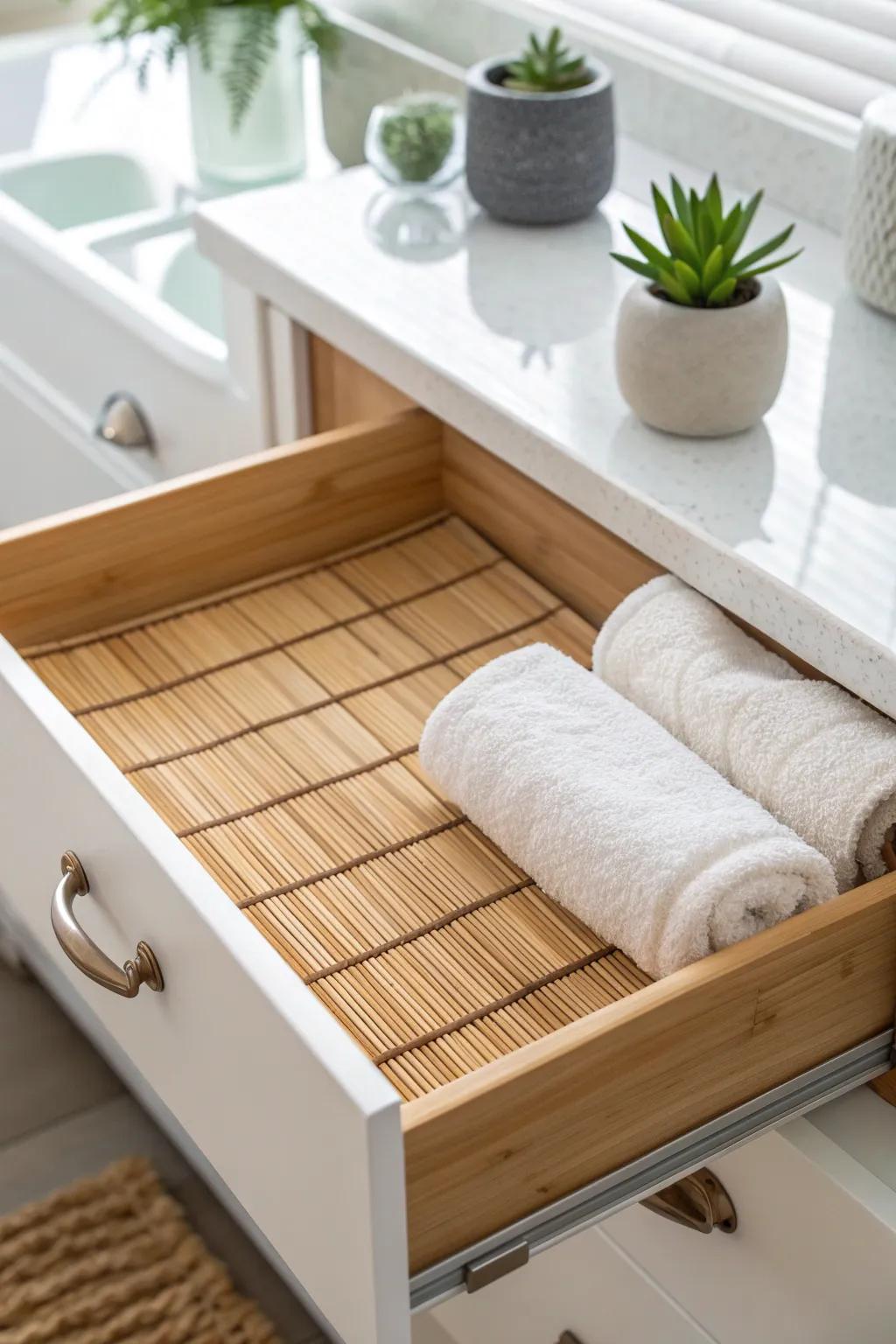 Elevate your bathroom's serenity with eco-friendly bamboo mat liners, blending simplicity with spa-like elegance.