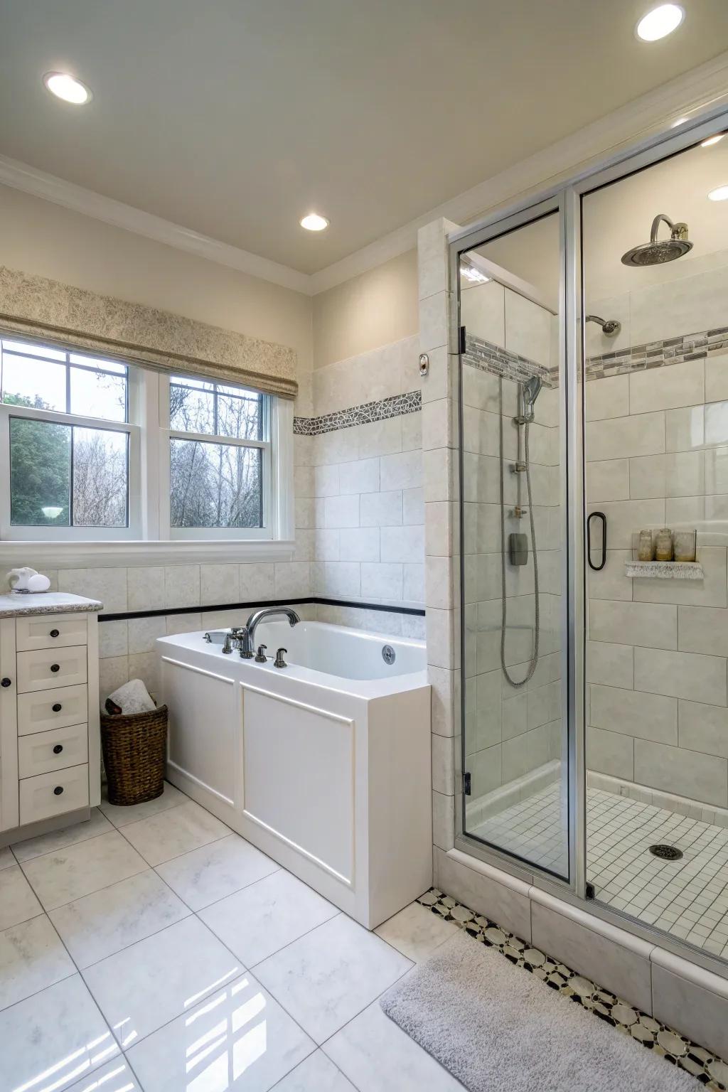 A walk-in tub shower combo provides versatility for all bathing preferences.