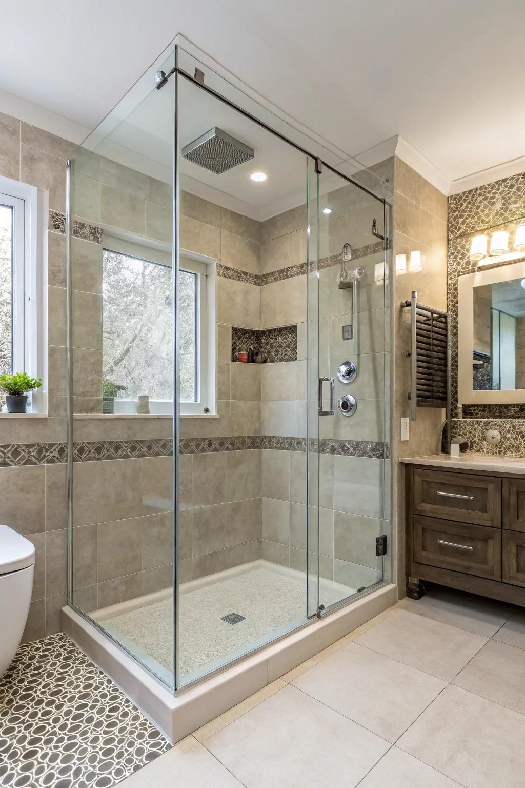 Glass enclosures keep the shower feeling open and airy.