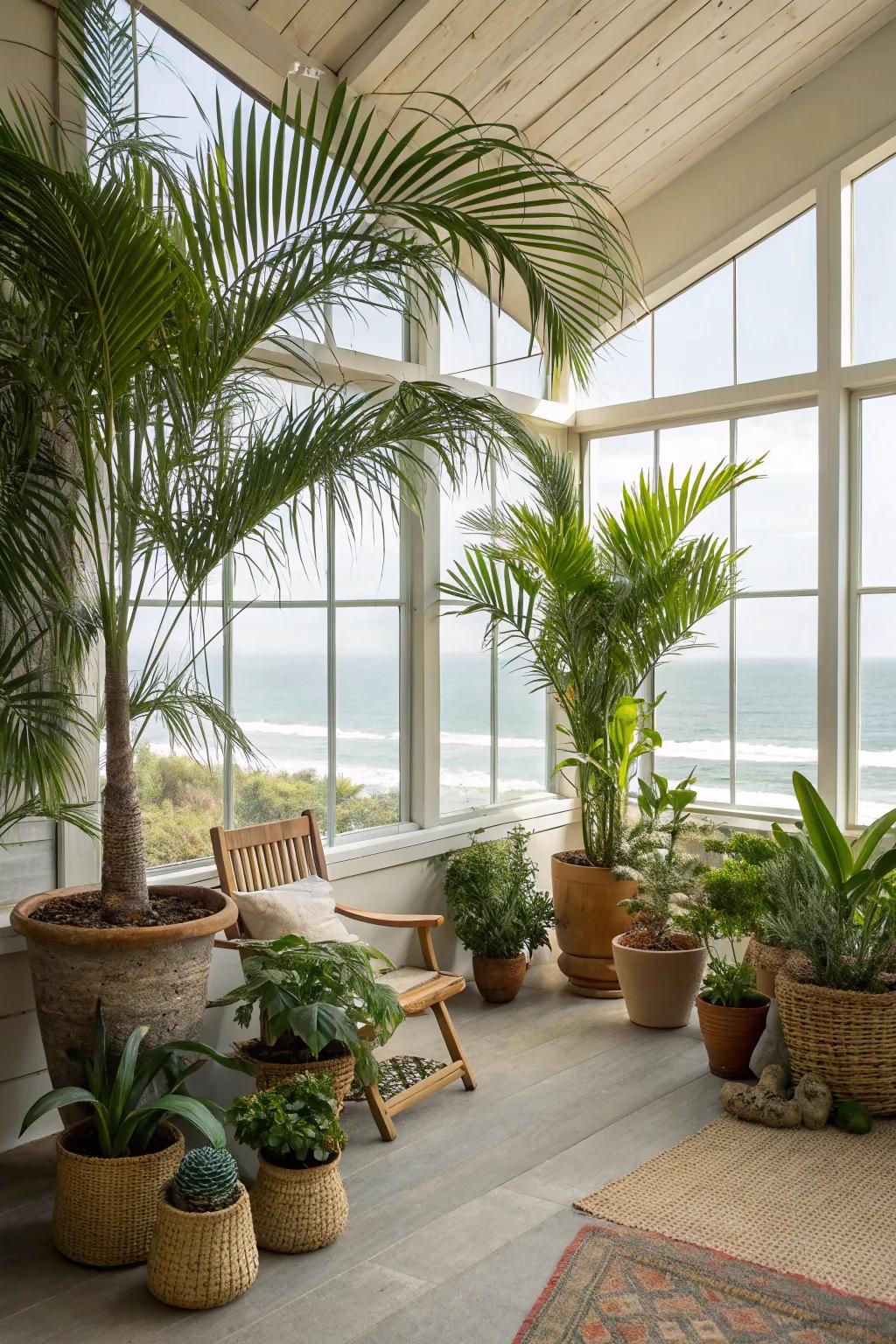 Lush greenery adds a tropical touch to this beach house interior.