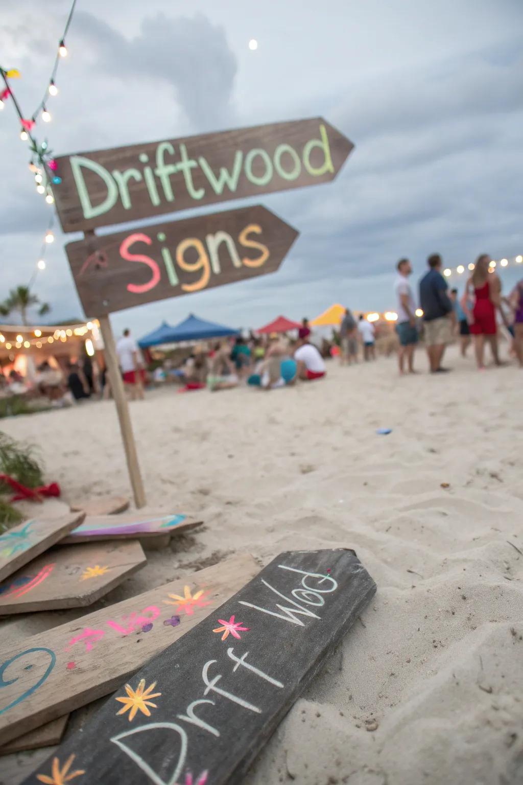 Charming driftwood signs add a rustic touch and guide guests.