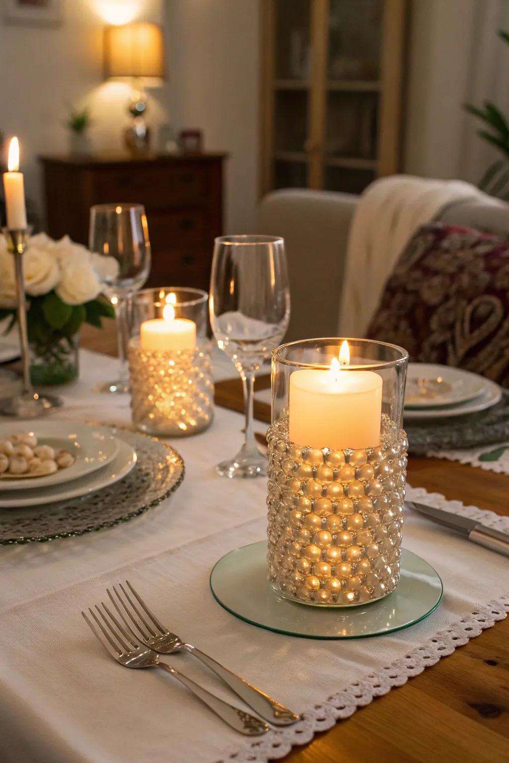 Beaded candle holders casting beautiful patterns at dinner.