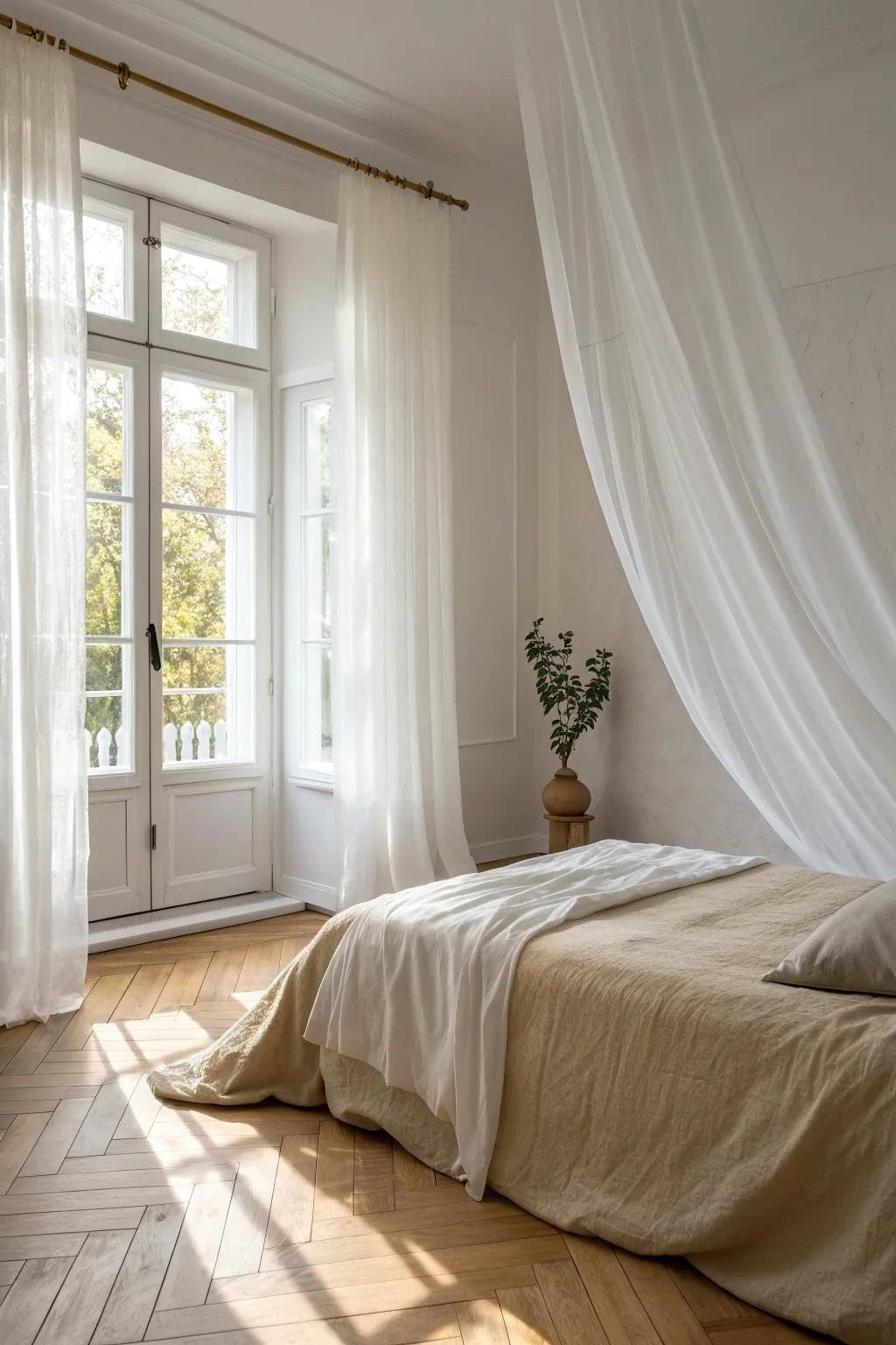 Embrace the soft play of light and shadow with layered sheer curtains for a dreamy, minimalist ambiance.