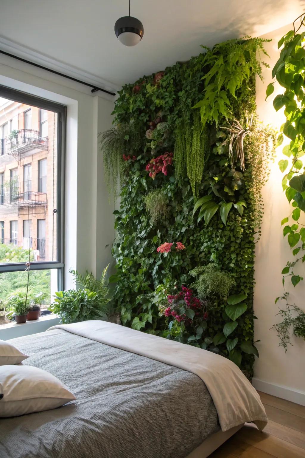 A refreshing bedroom with a vertical garden backdrop.