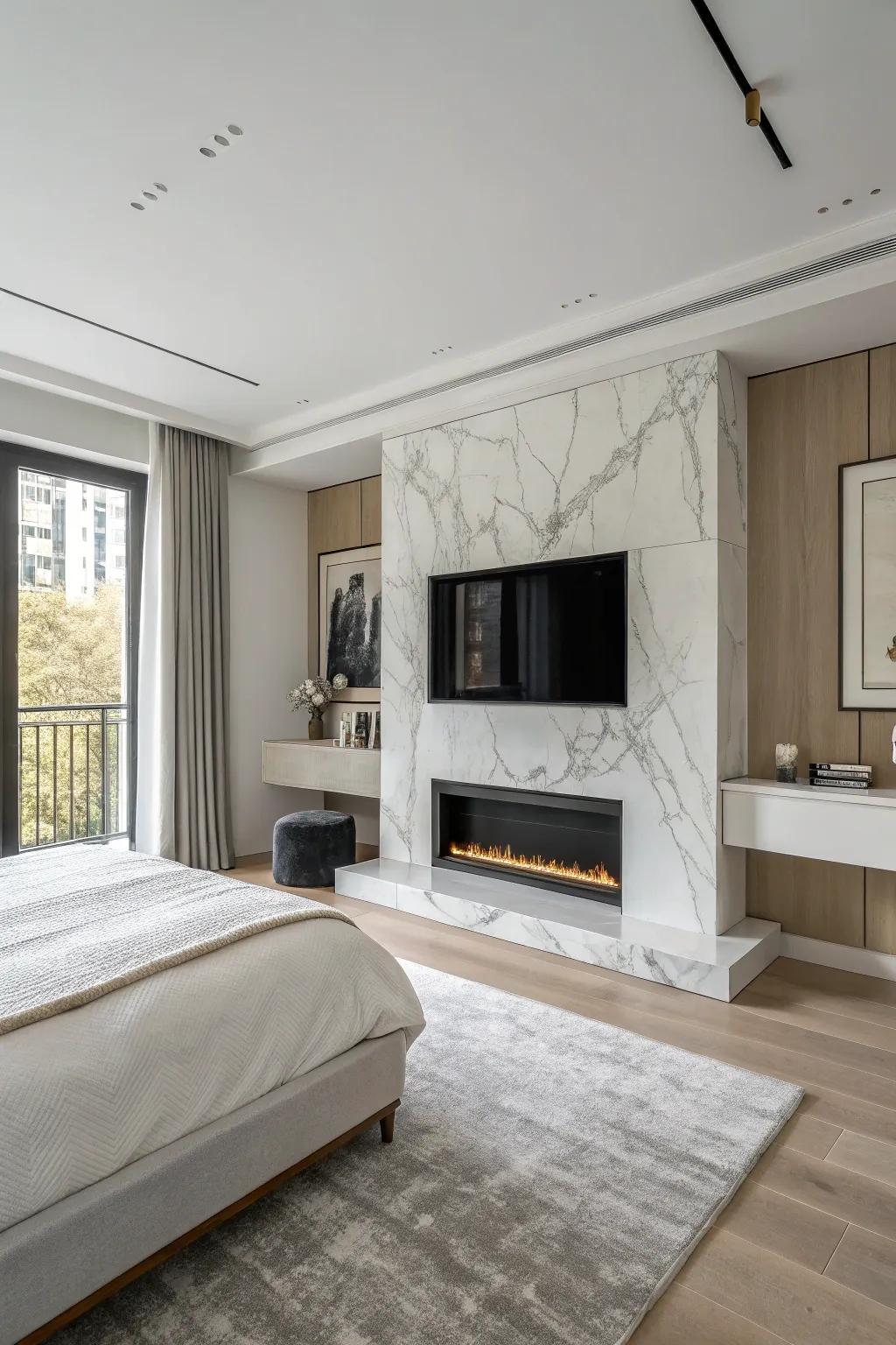 Add luxury with a modern marble fireplace.