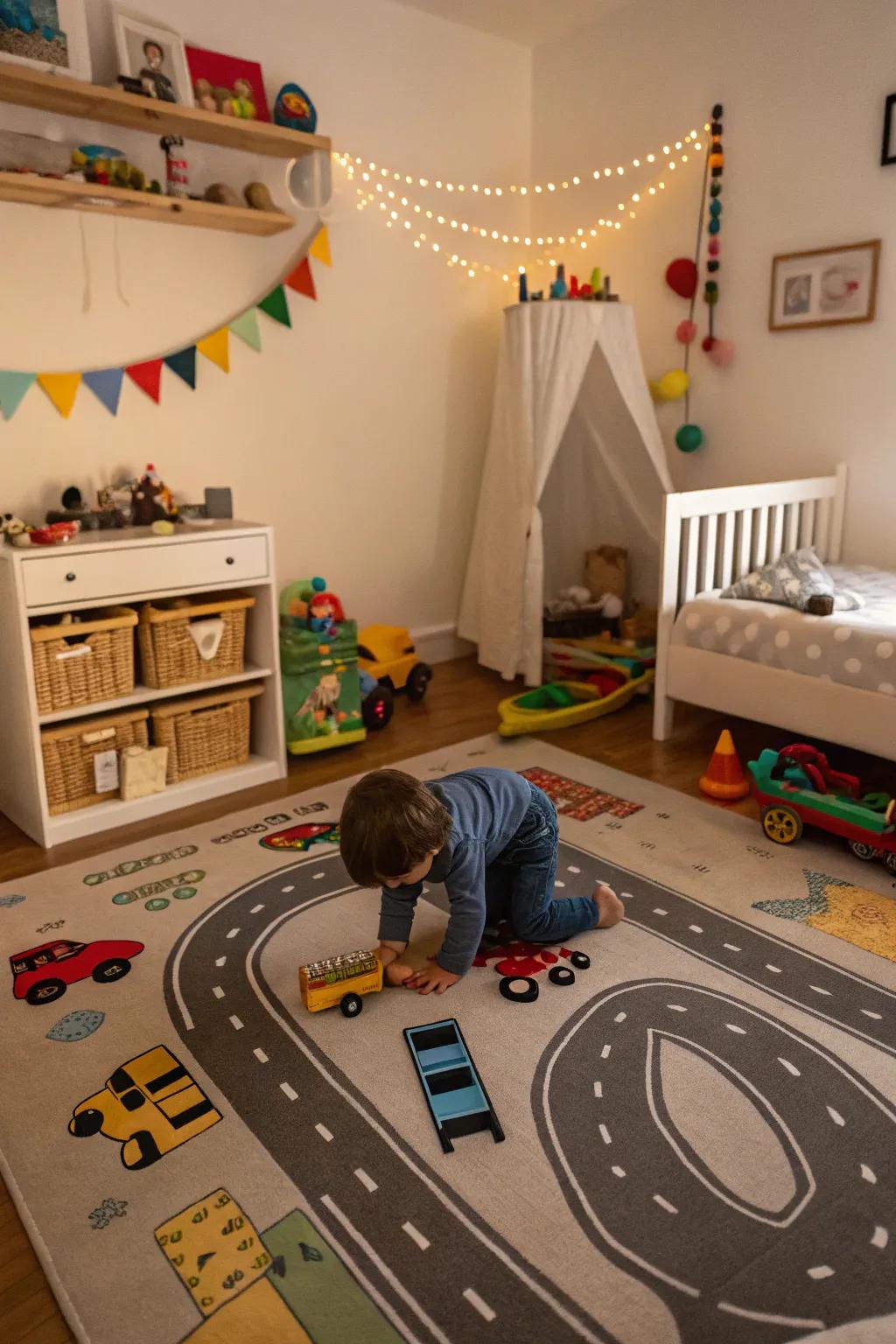 A theme-inspired rug in a toddler's bedroom, encouraging imaginative play.