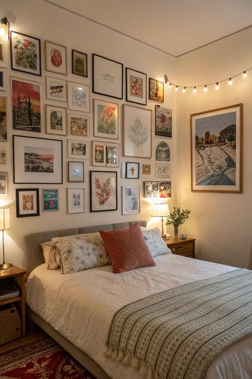 A gallery wall adds personality and interest to this bedroom.