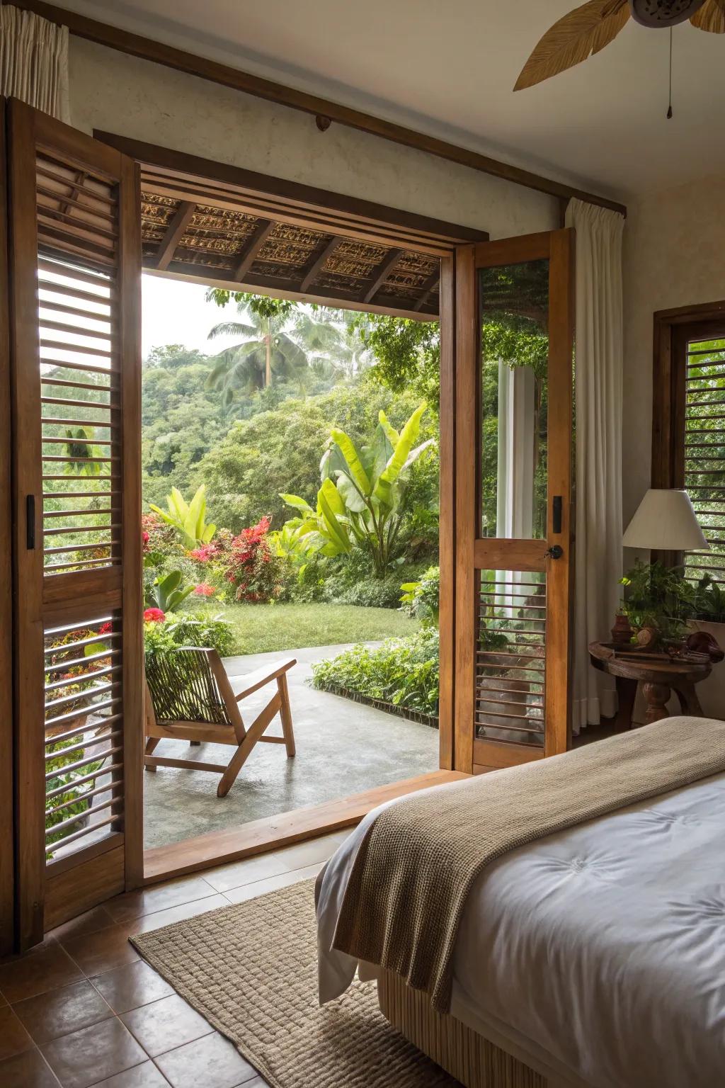 Louvered doors offer tropical vibes and ventilation, perfect for a relaxed, beachside-inspired bedroom.