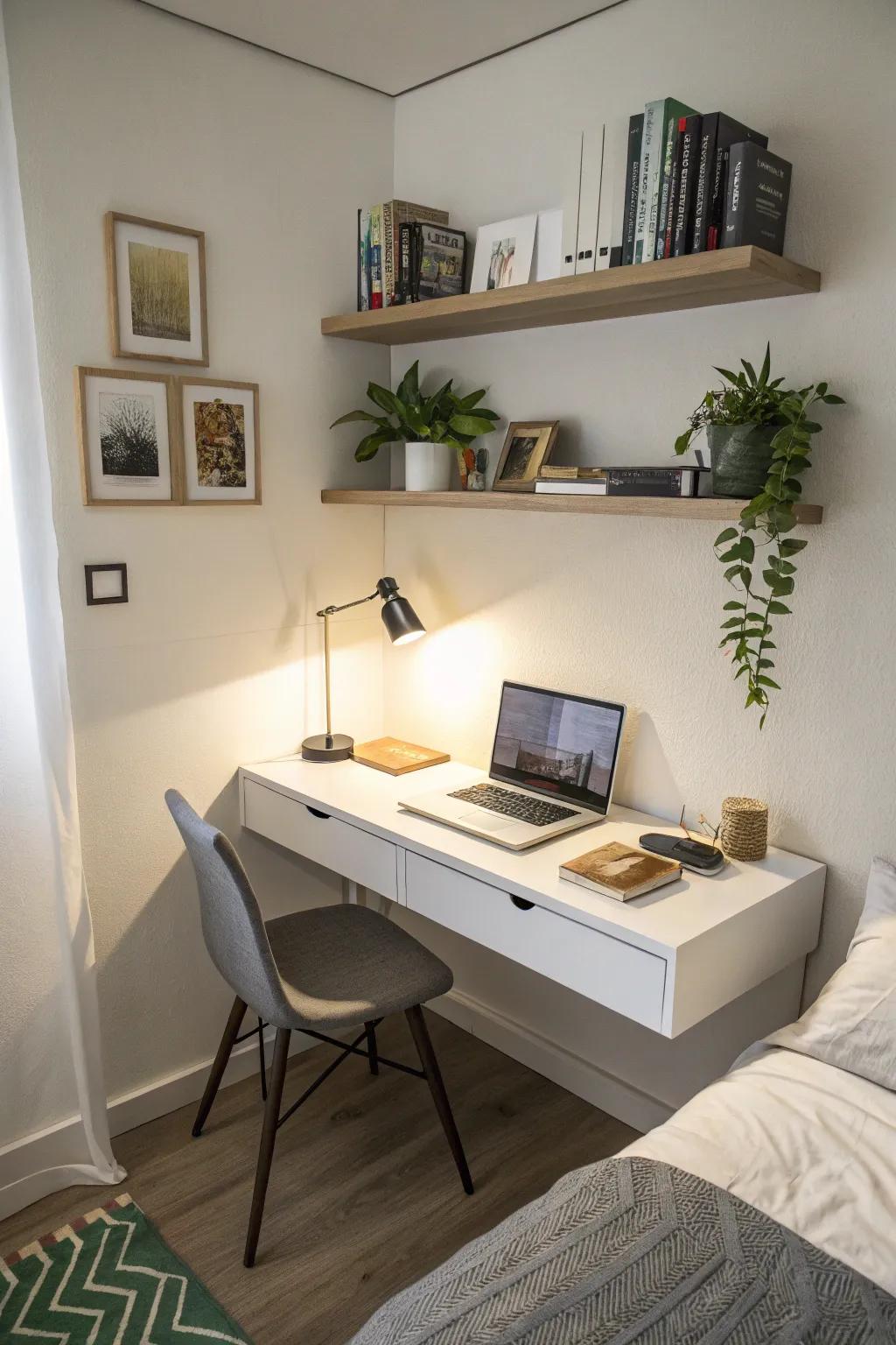 Wall-mounted desks create efficient workspaces without eating up floor space.