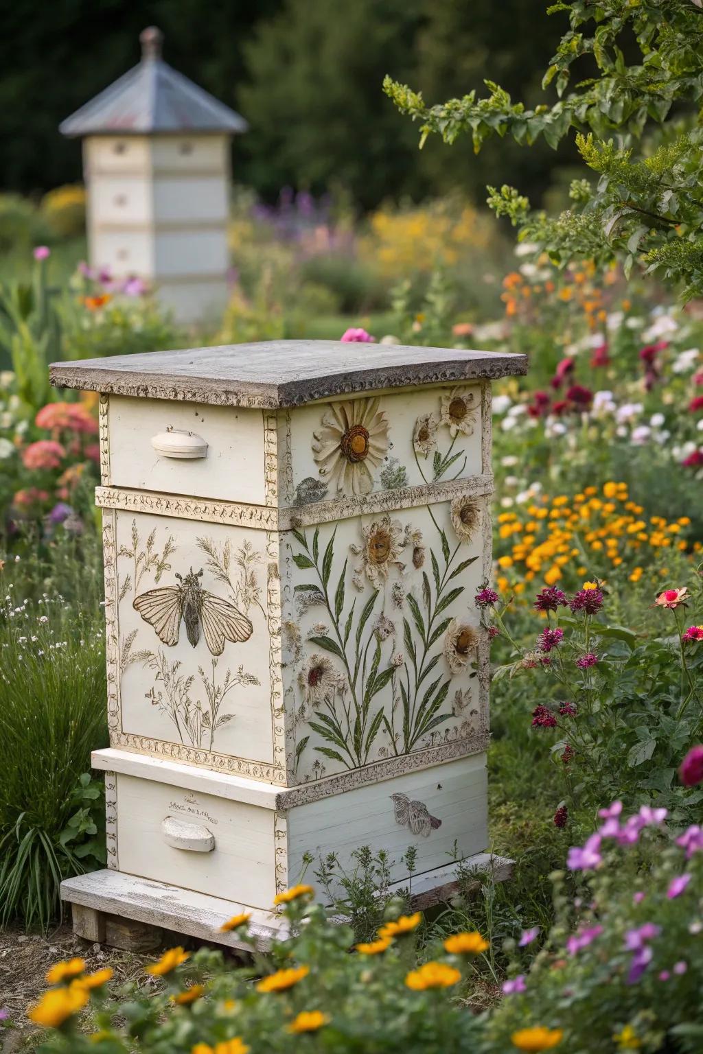 A botanical-themed bee hive featuring detailed plant and flower designs.