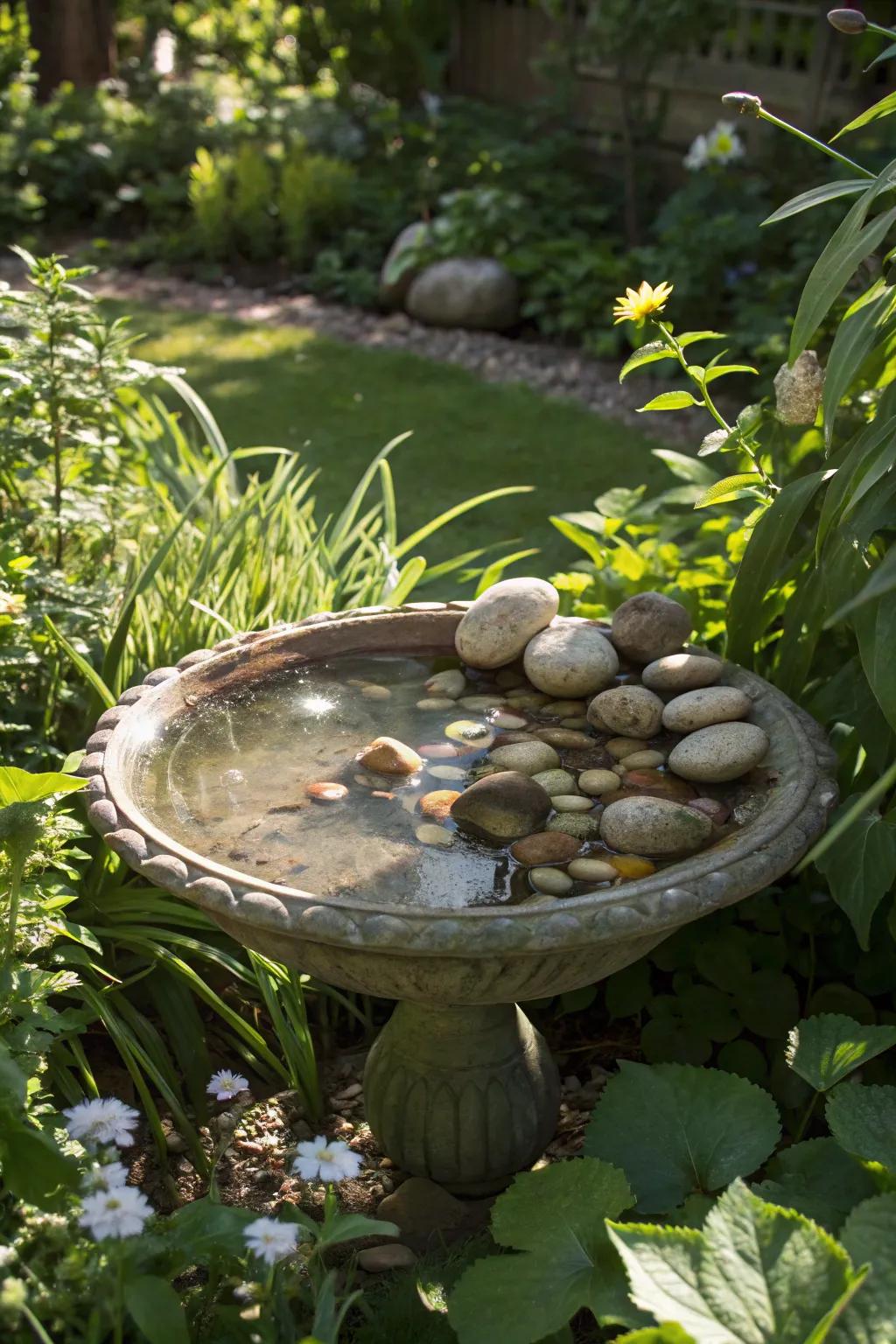 An upcycled glass dish turned into an elegant bee watering station.