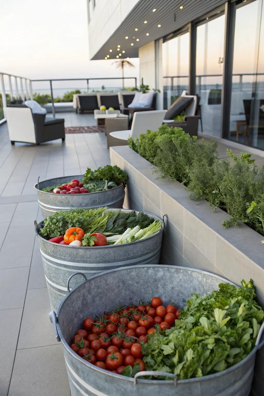 Large metal containers provide ample space for growing veggies.