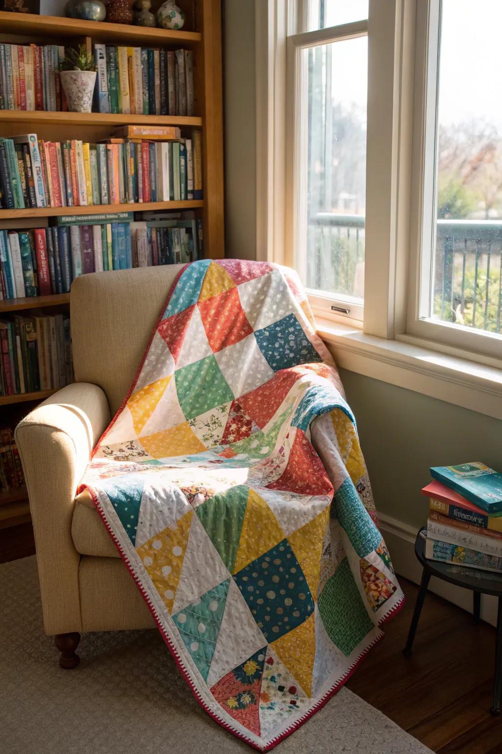 A cozy quilt crafted from recycled fabric scraps.