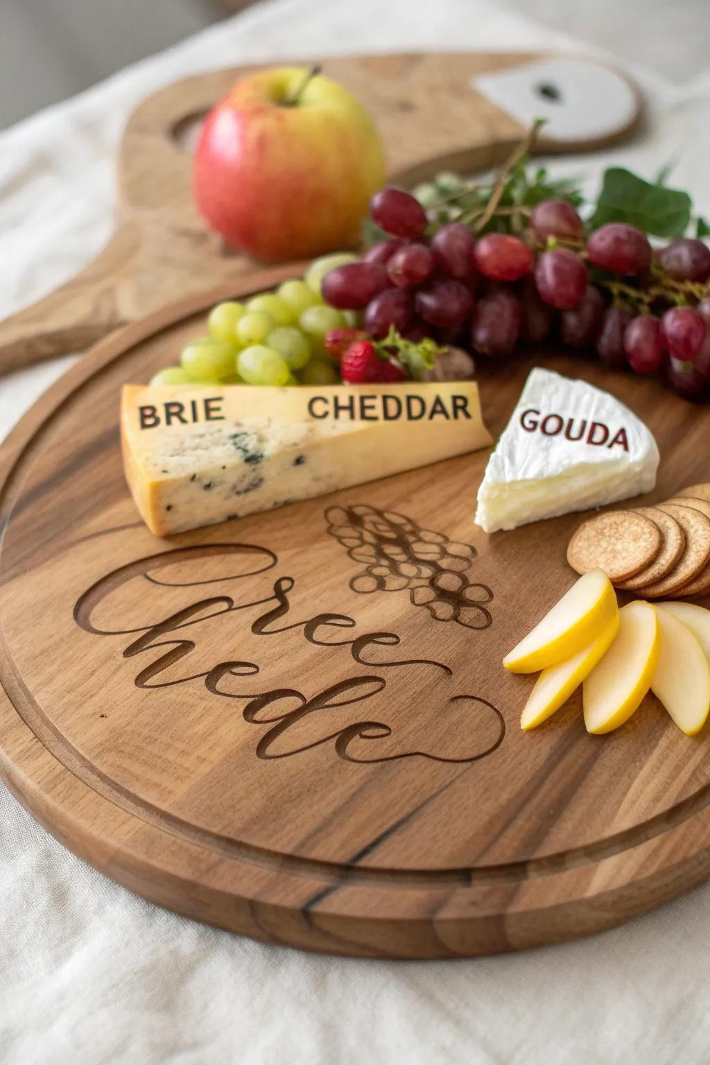 A custom engraved cheese board that combines functionality with personalization.