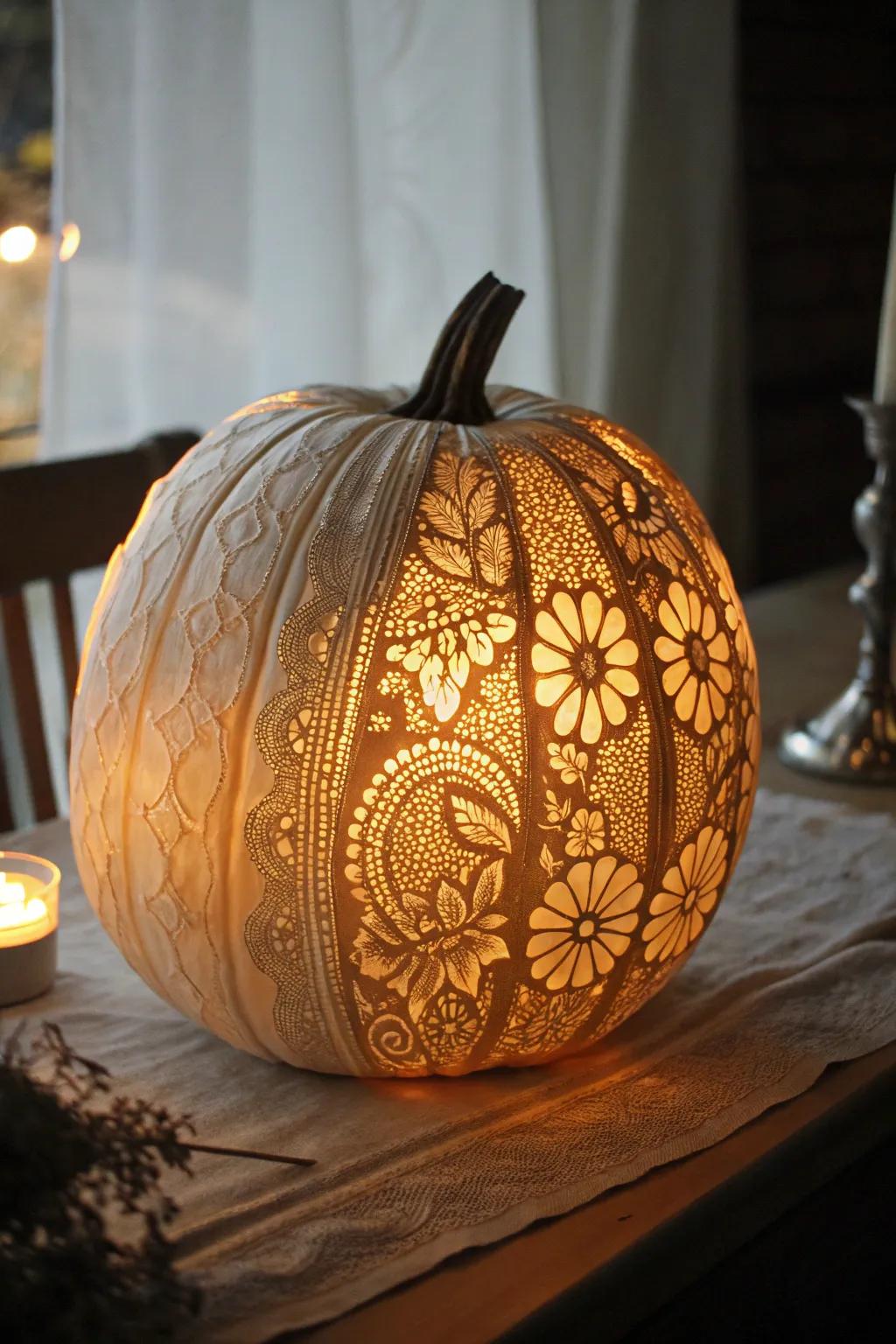 An elegant lace-patterned pumpkin, perfect for chic autumn gatherings.