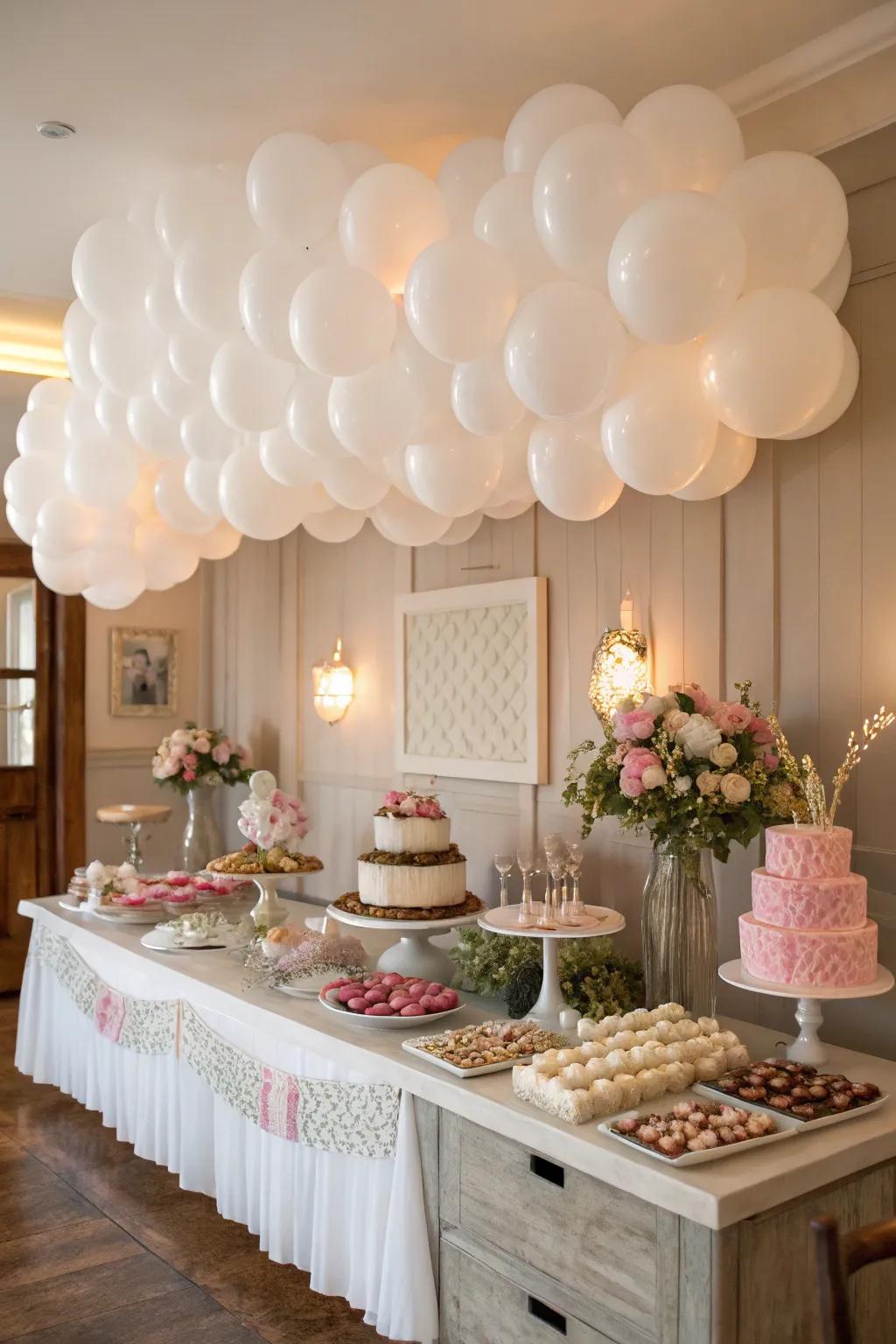 Dreamy balloon clouds floating above a dessert table, enhancing the festive atmosphere.