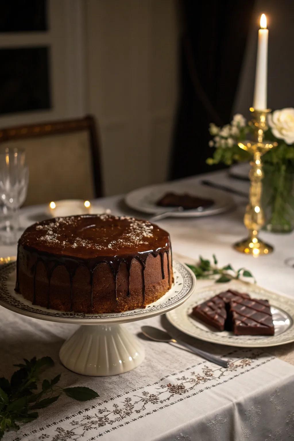 A decadent ganache-glazed cake, perfect for chocolate enthusiasts.