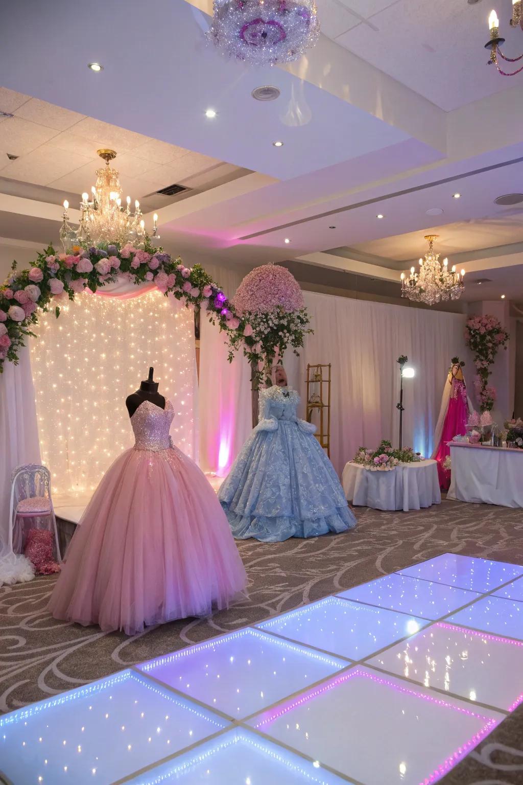 A princess dress-up party with gowns and tiaras.