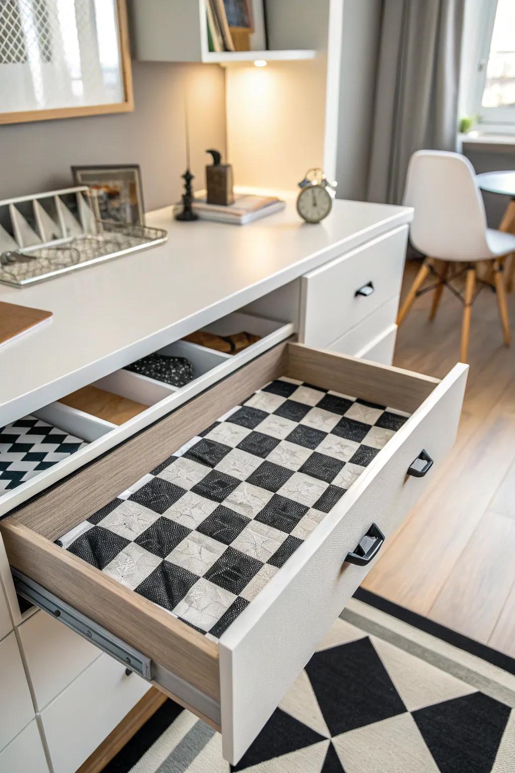 A fun checkerboard liner adds a surprise element to dresser drawers.