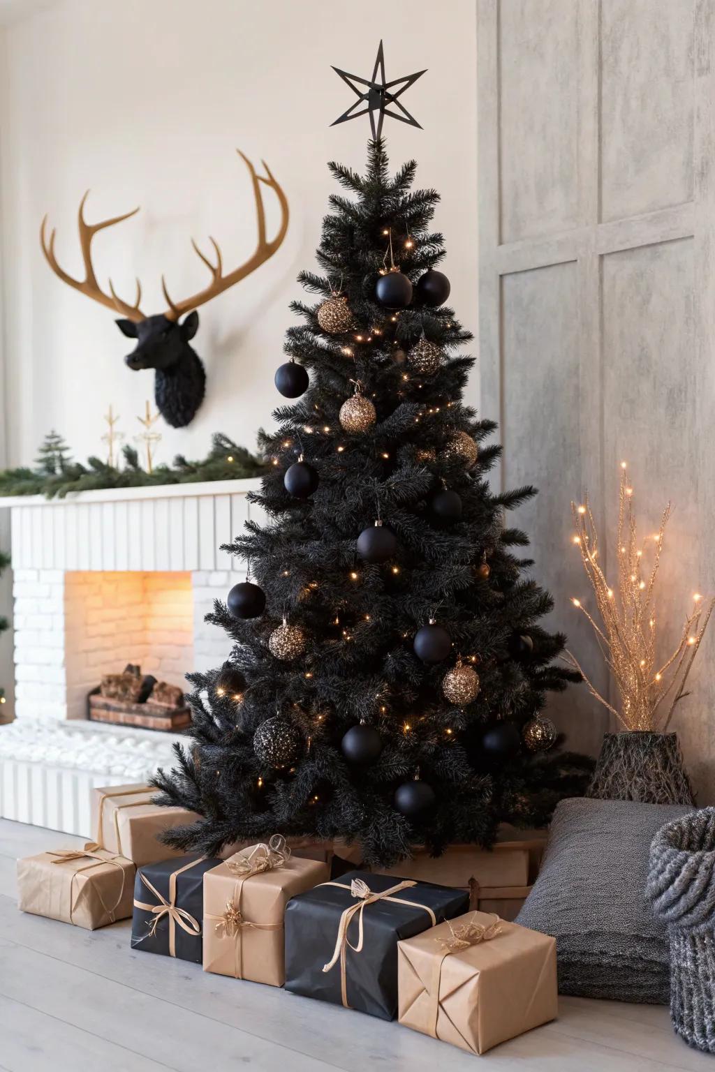 A black Christmas tree styled with a mix of rustic and modern elements.