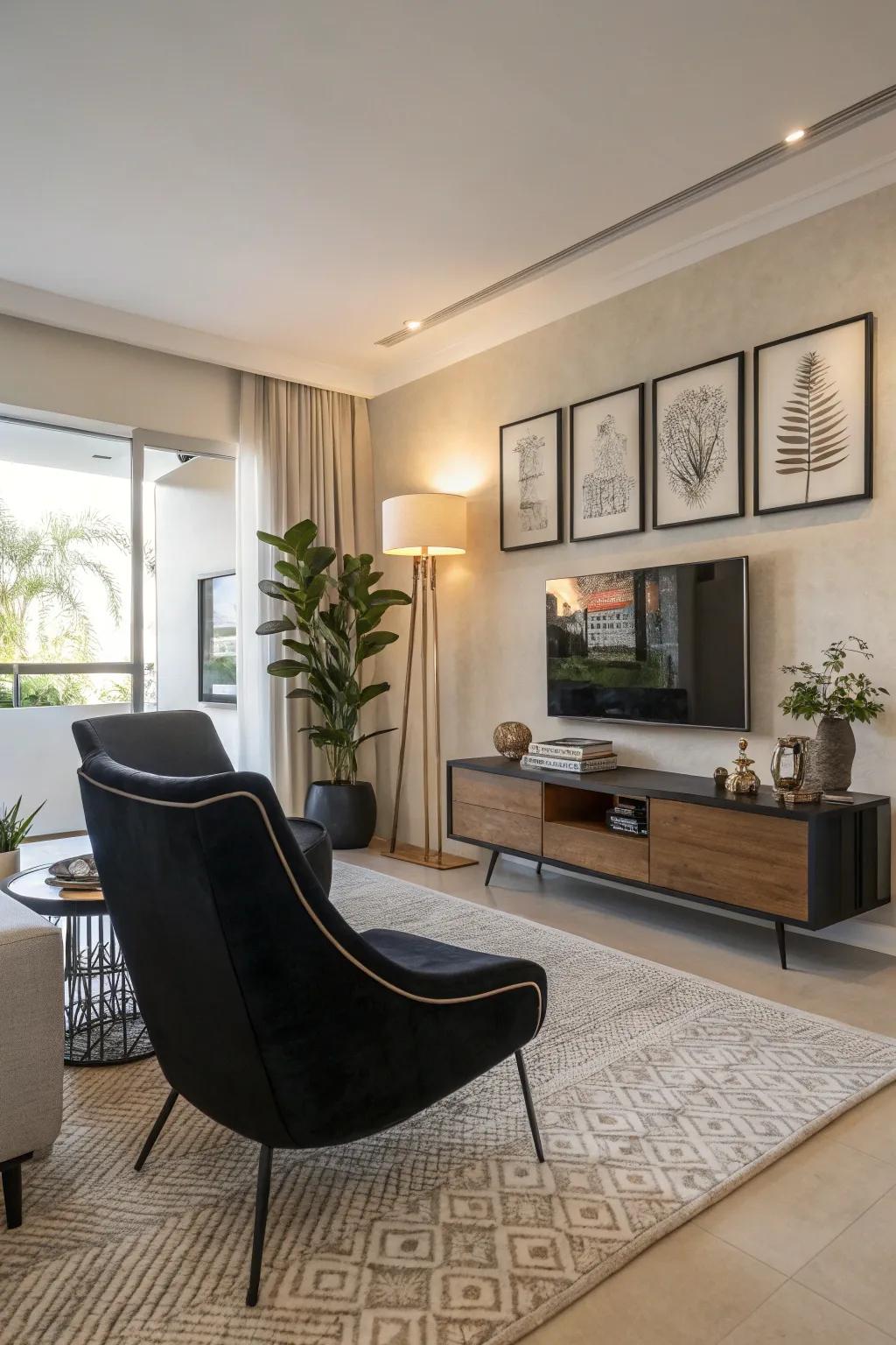 A living room featuring a striking black accent chair.