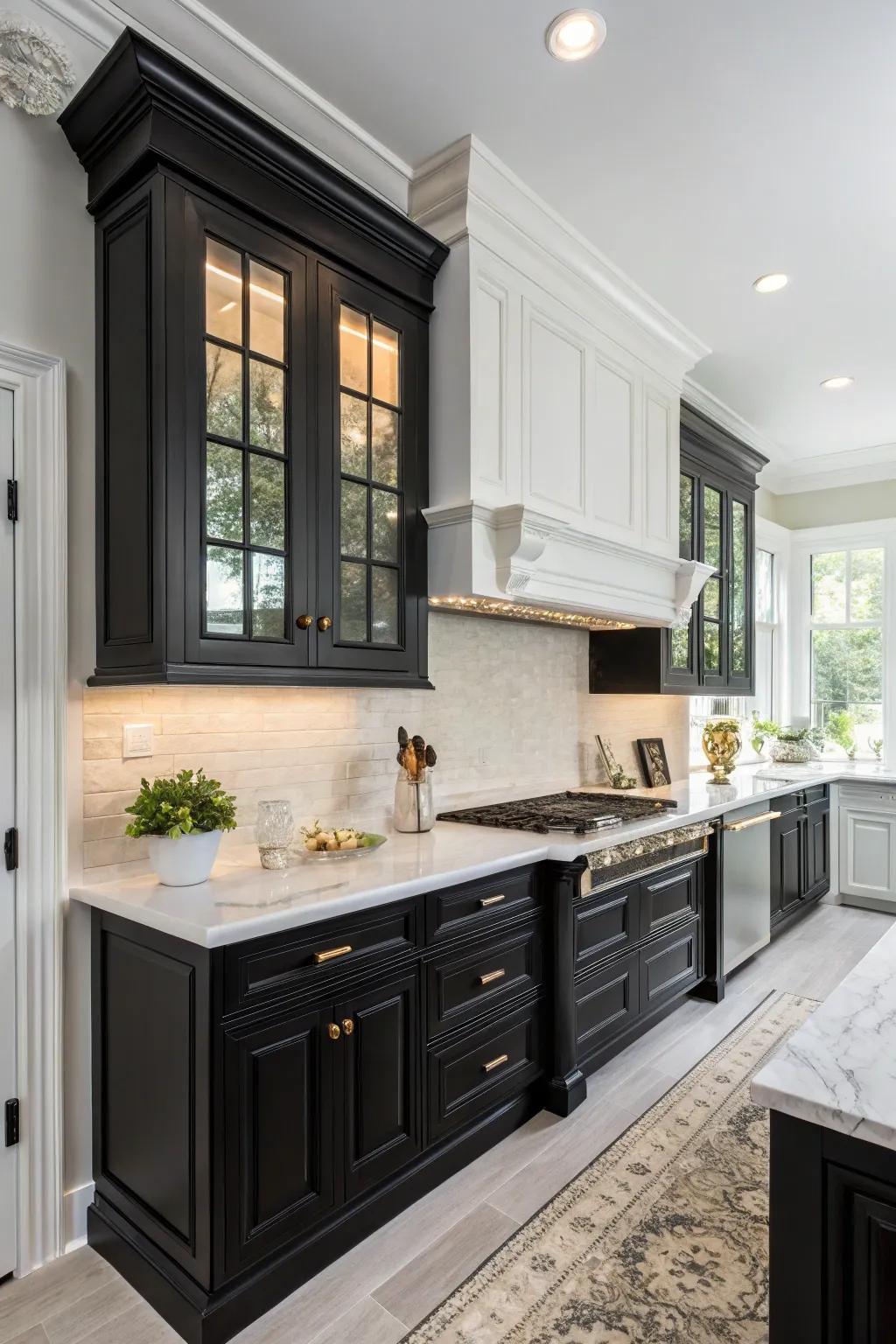 A harmonious blend of traditional and modern styles in a kitchen with black cabinetry.