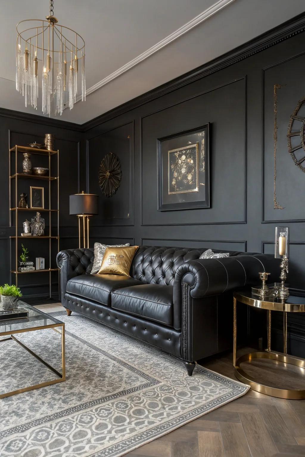 Dark walls add drama and intimacy to the black leather sofa setting.