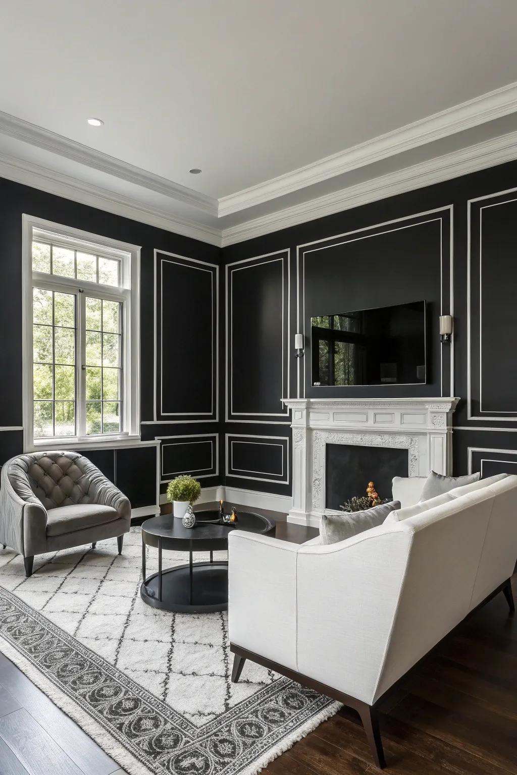 A classic black-and-white living room with a modern edge.