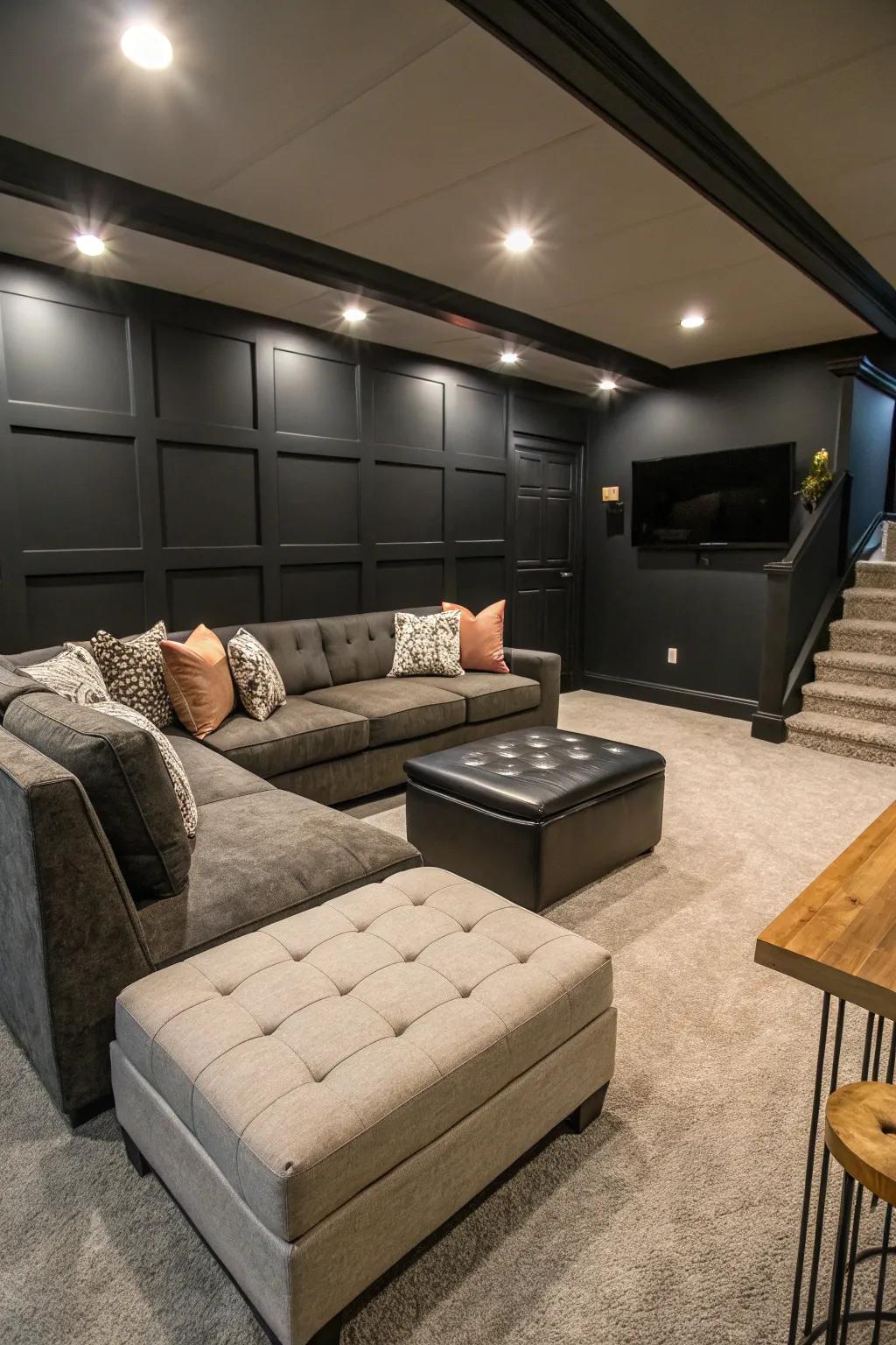 Functional furniture that enhances a stylish basement.