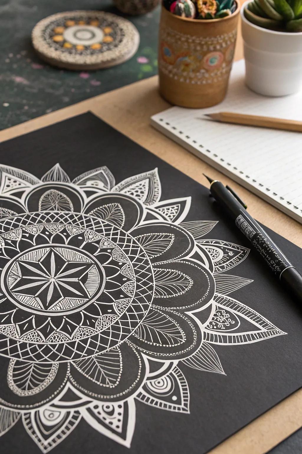 Unwind with the meditative practice of zentangle art on black paper.