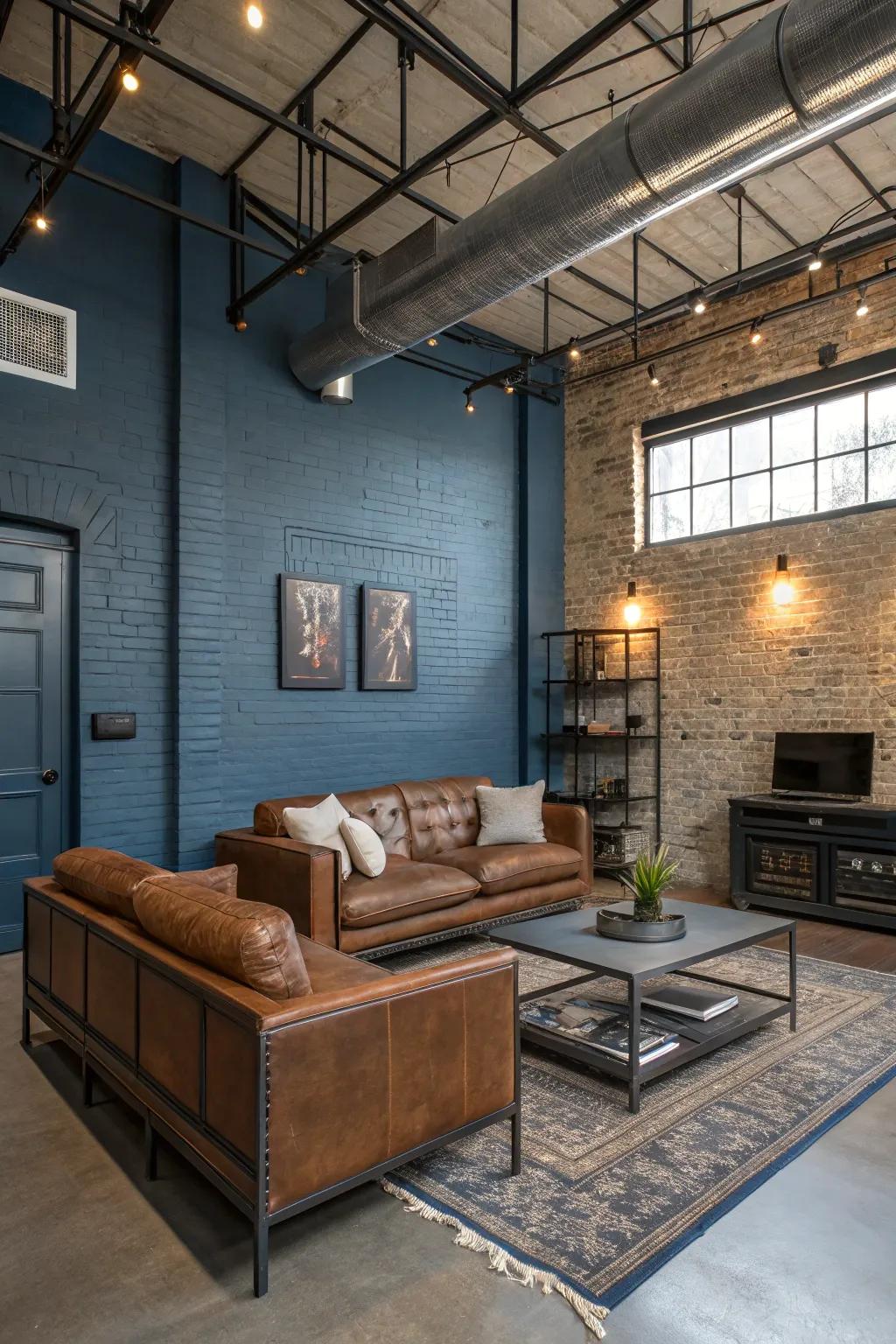 An industrial living room with a slate blue accent wall and metal accents.