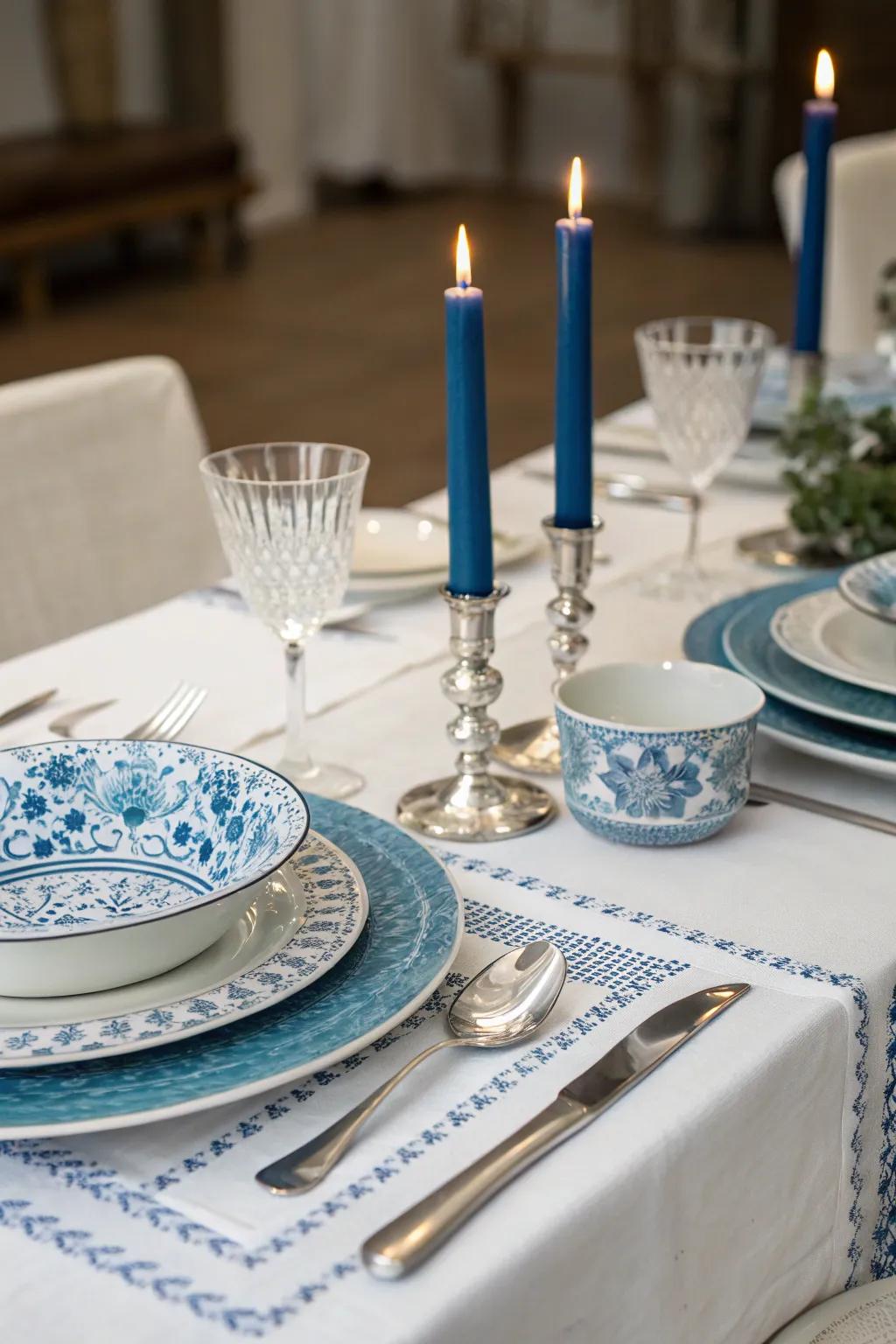 A chic blue and white tablescape provides an elegant setting for holiday meals.