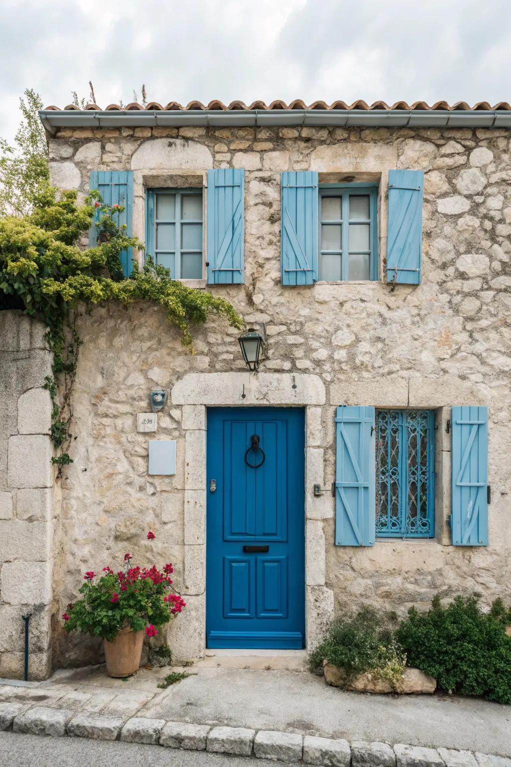 Mediterranean blue doors evoke sea-inspired freshness.