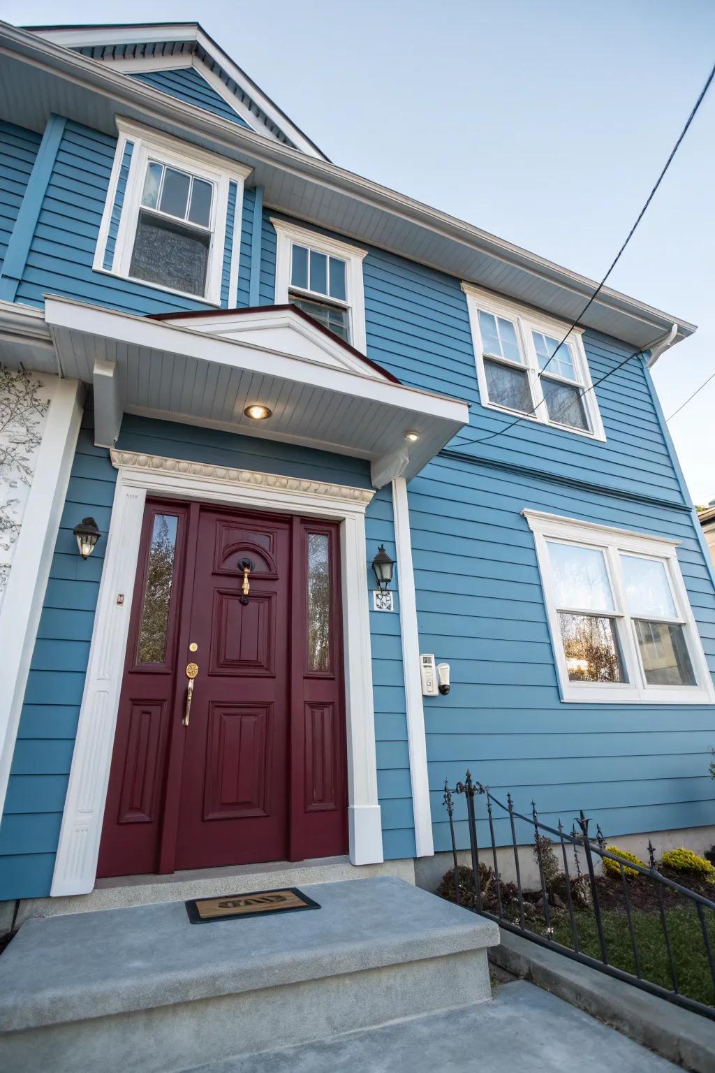 Burgundy doors add a luxurious touch to blue homes.