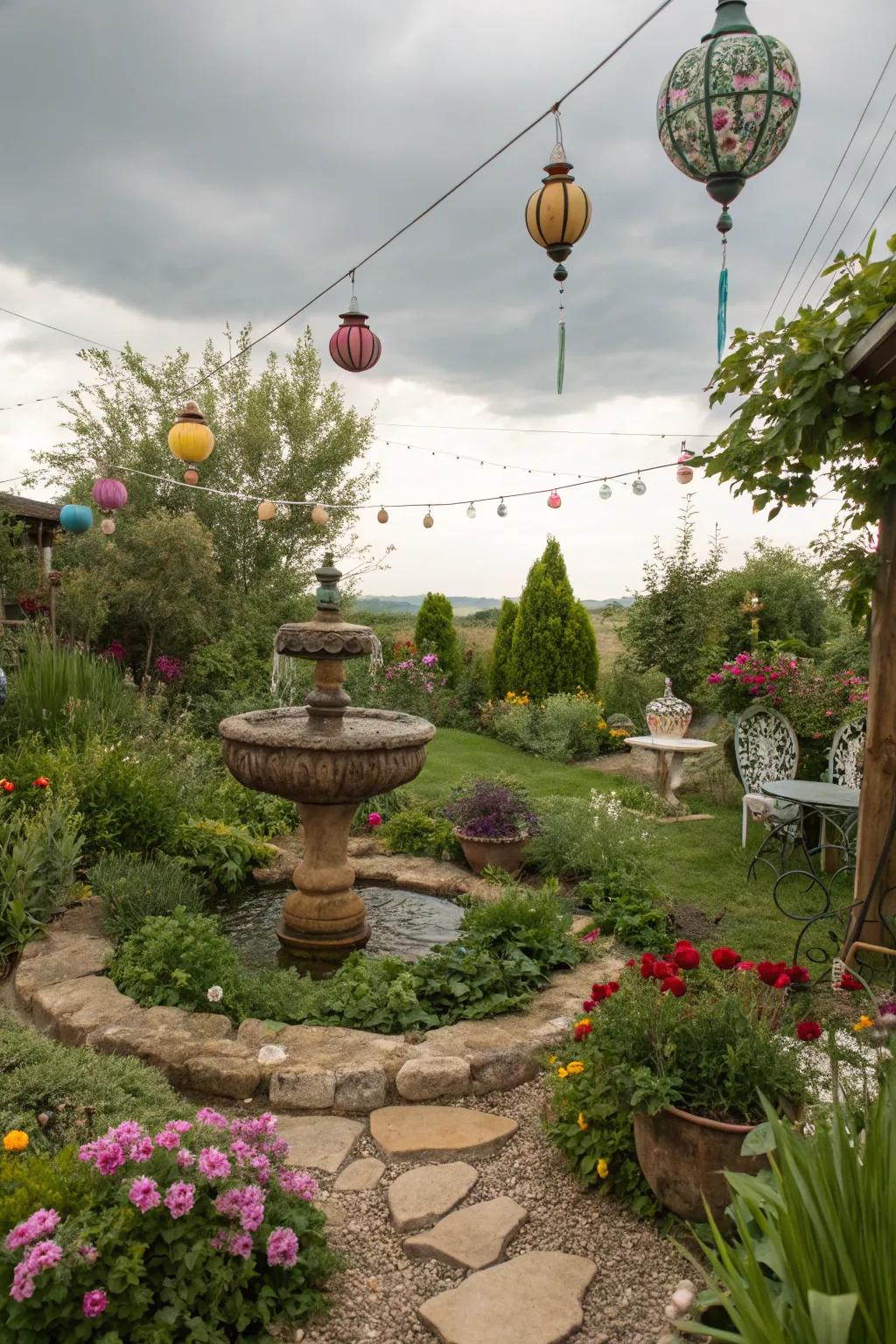 A soothing water feature in a bohemian garden.