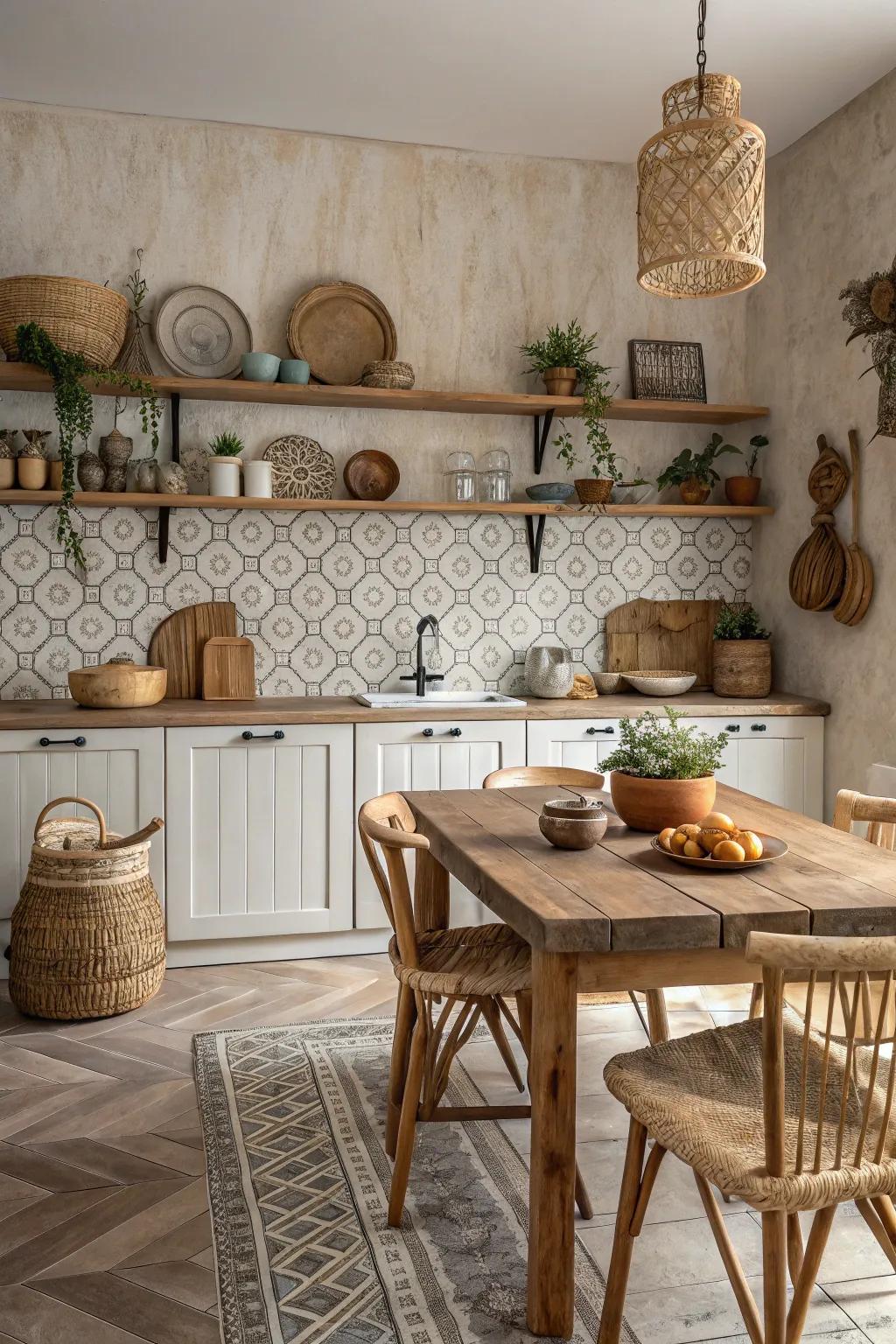 Textured ceramic tiles add dimension to this boho kitchen.