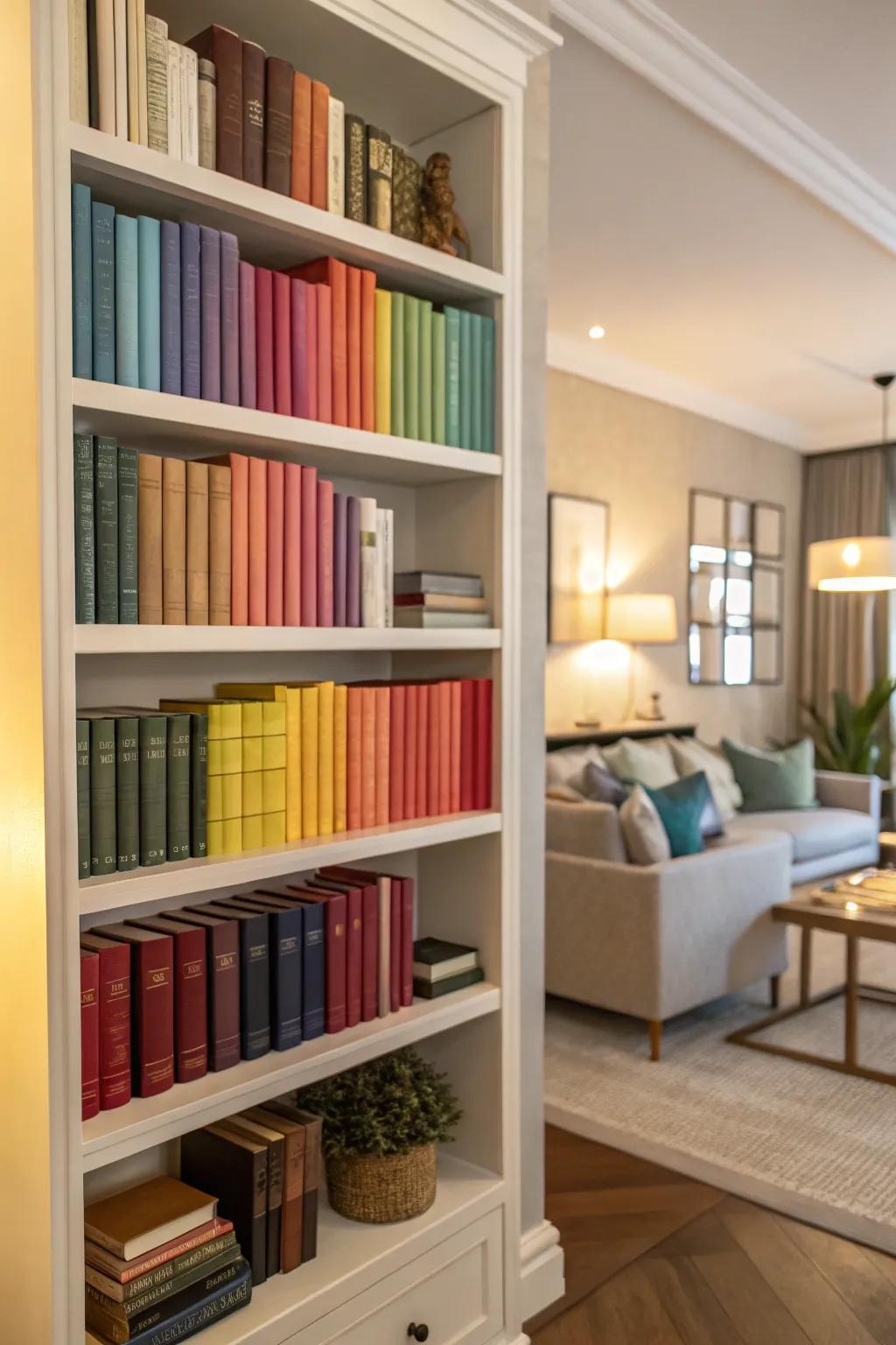 Color coordination turns bookshelves into art pieces.