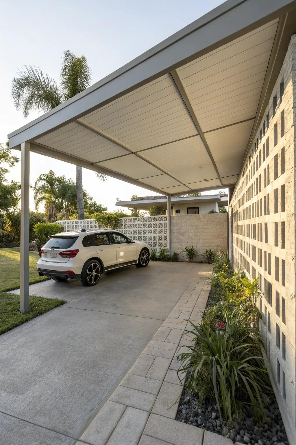 A stylish carport featuring a breeze block wall.