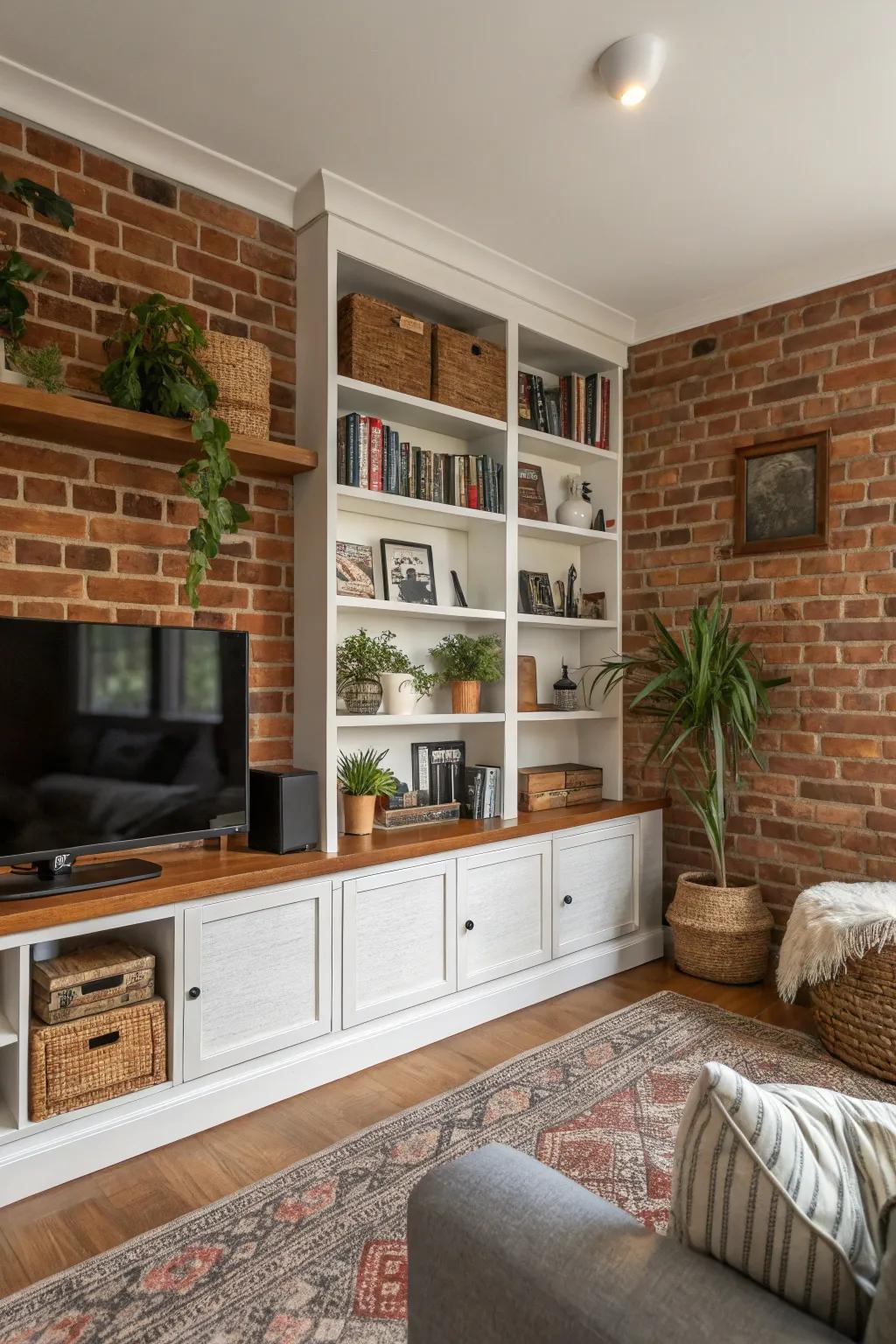 Shelving adds practicality to a stylish brick wall.