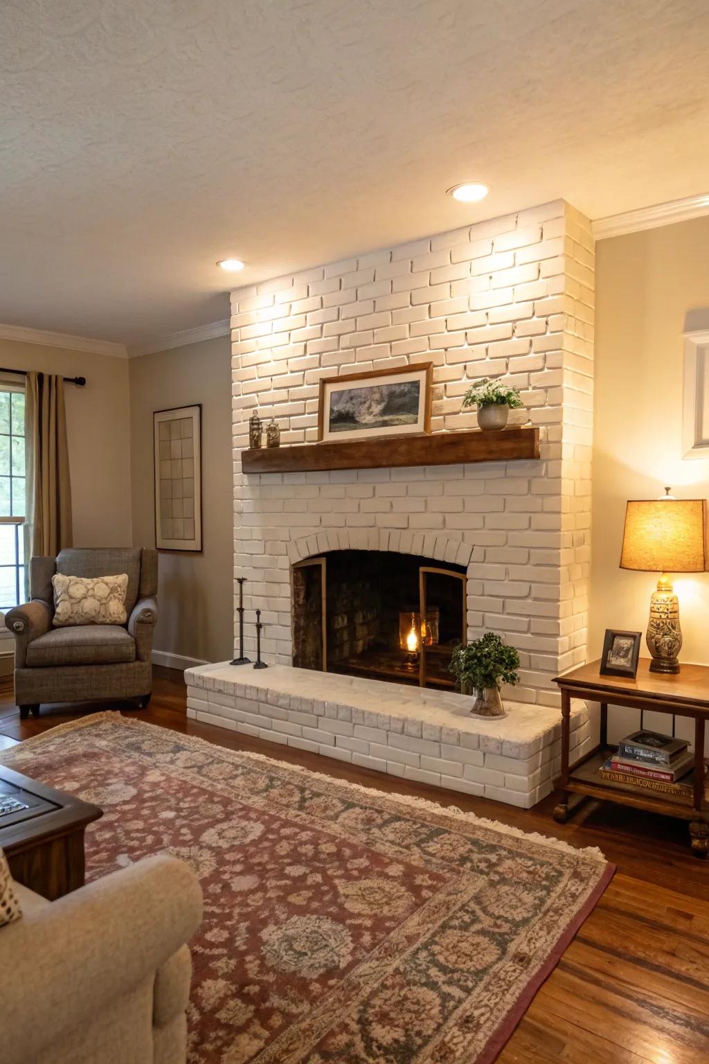 Quick transformation with a painted brick fireplace.