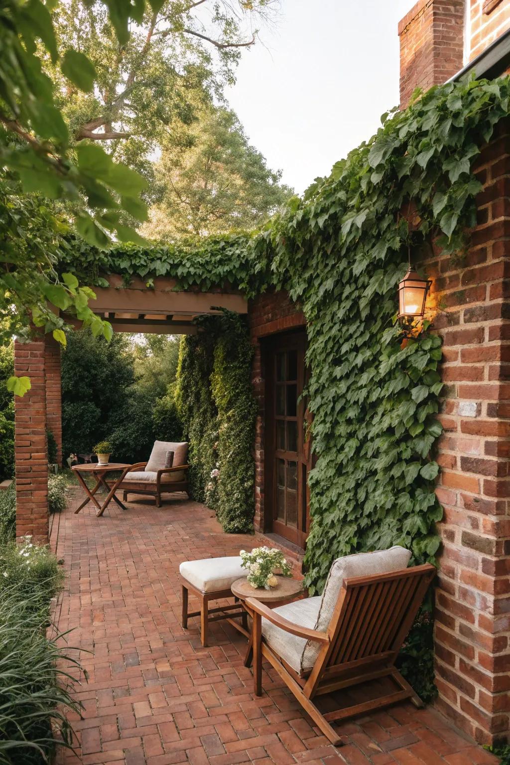 Ivy-covered walls add old-world charm to a brick patio.