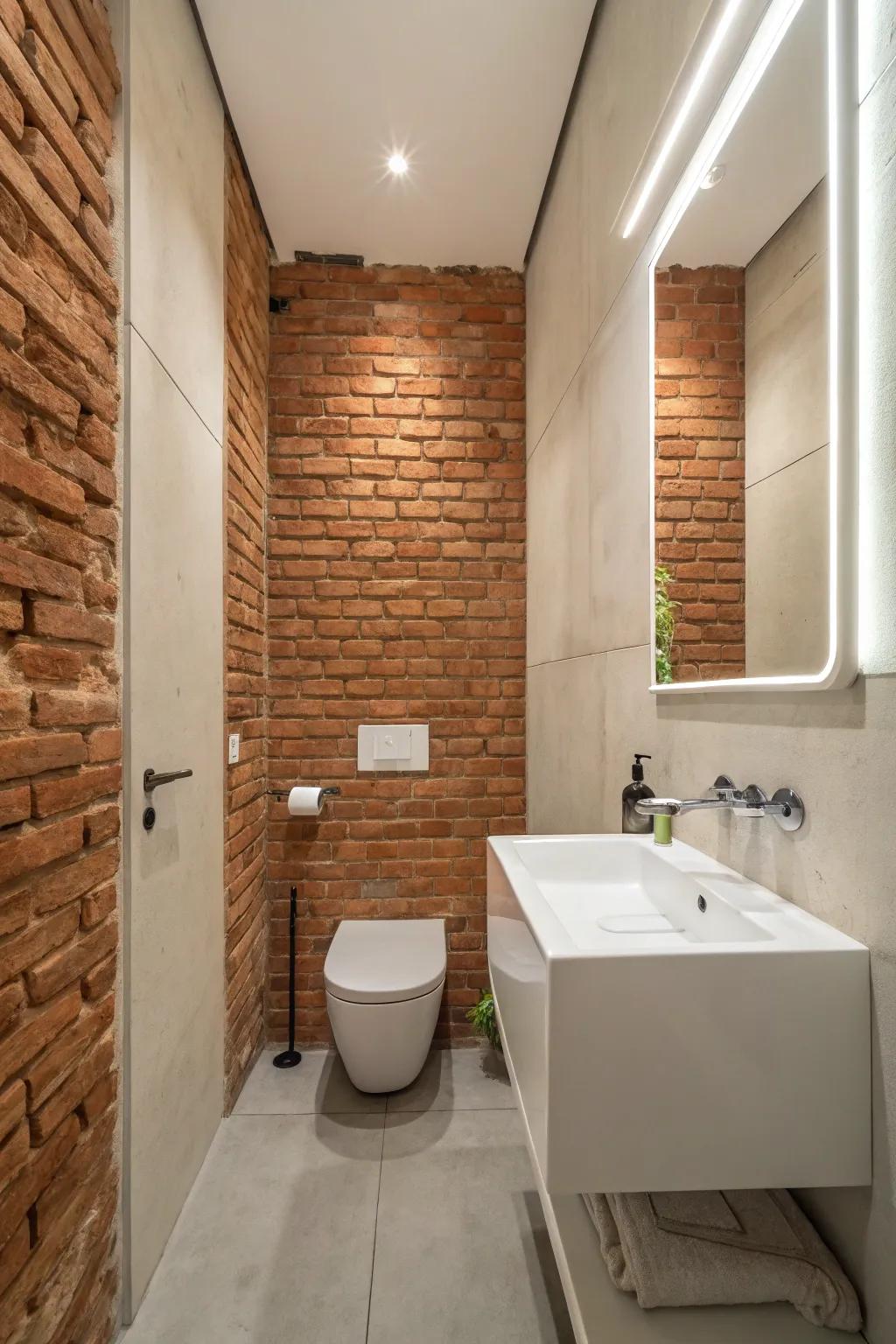 A single brick wall serves as a stunning focal point in a minimalist bathroom.