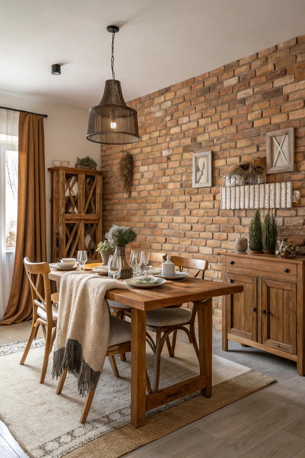 A brick accent wall adds elegance and warmth to this dining space.