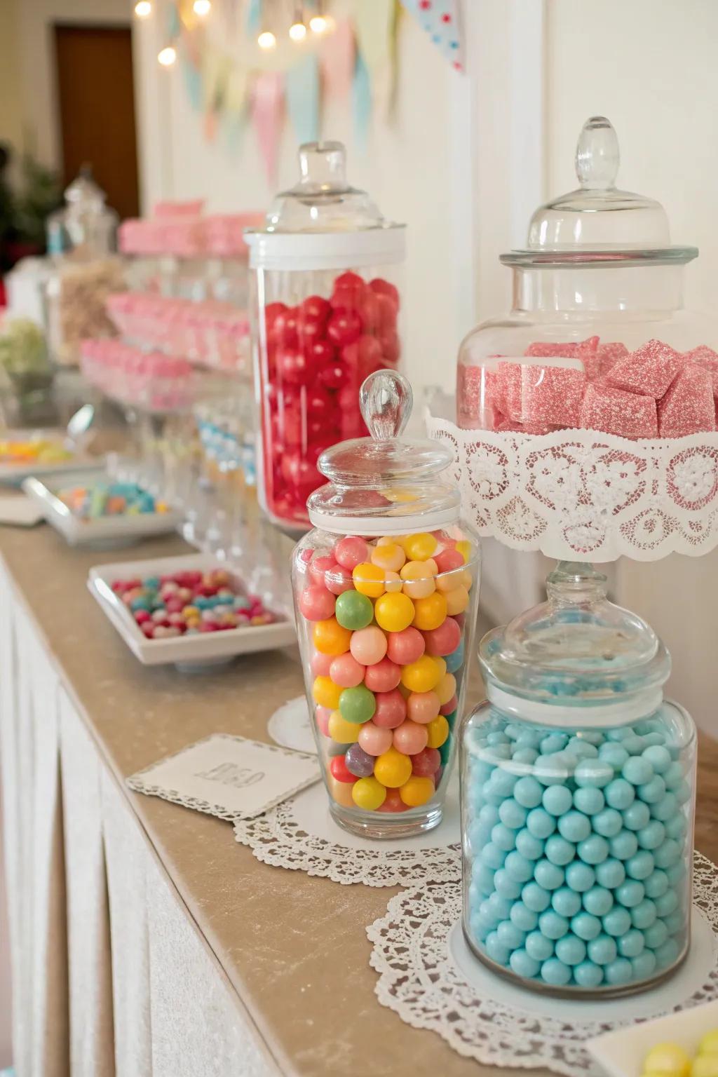 A candy buffet table brings joy and color to your bridal shower.