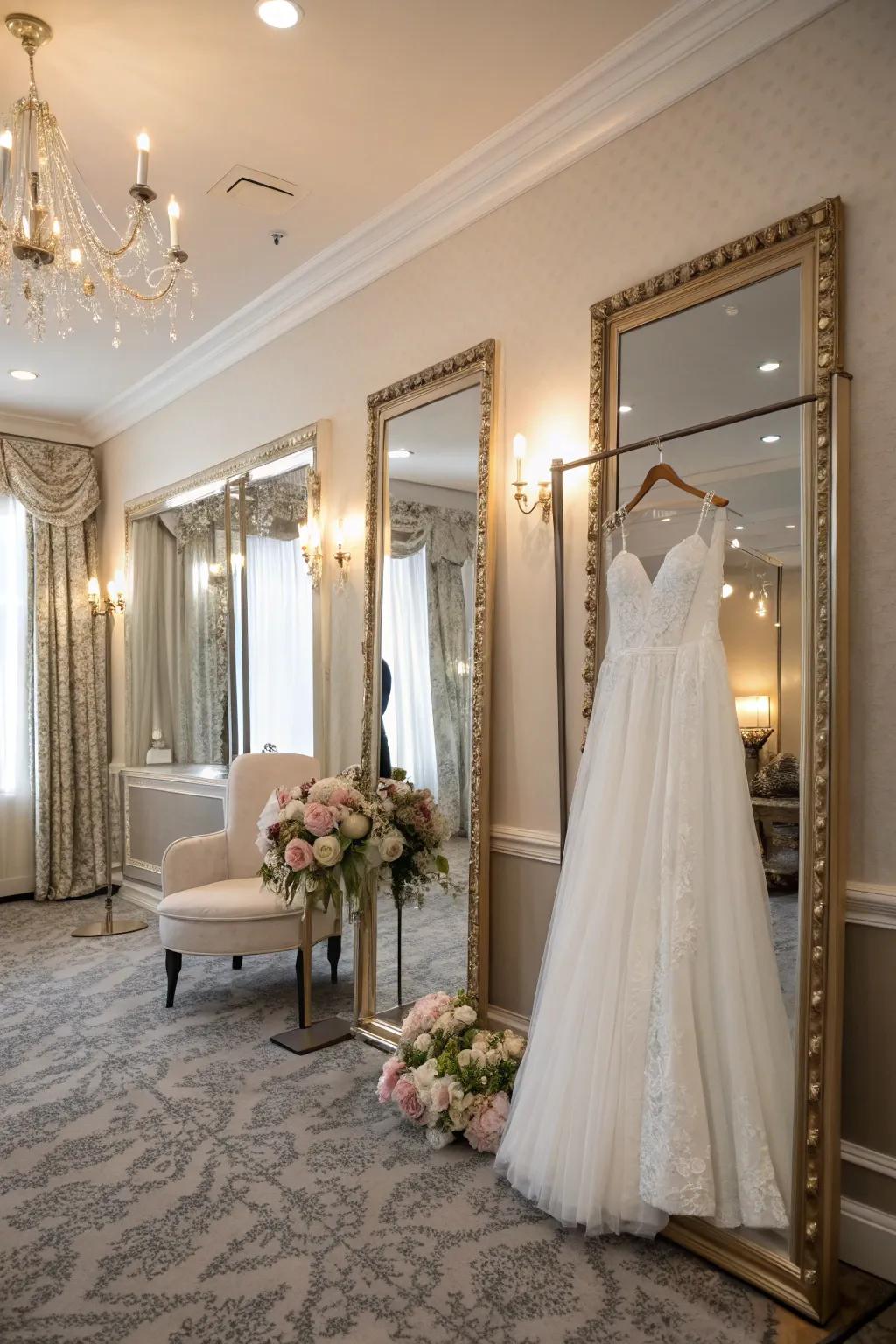 Mirrors enhance light and space in a bridal room.