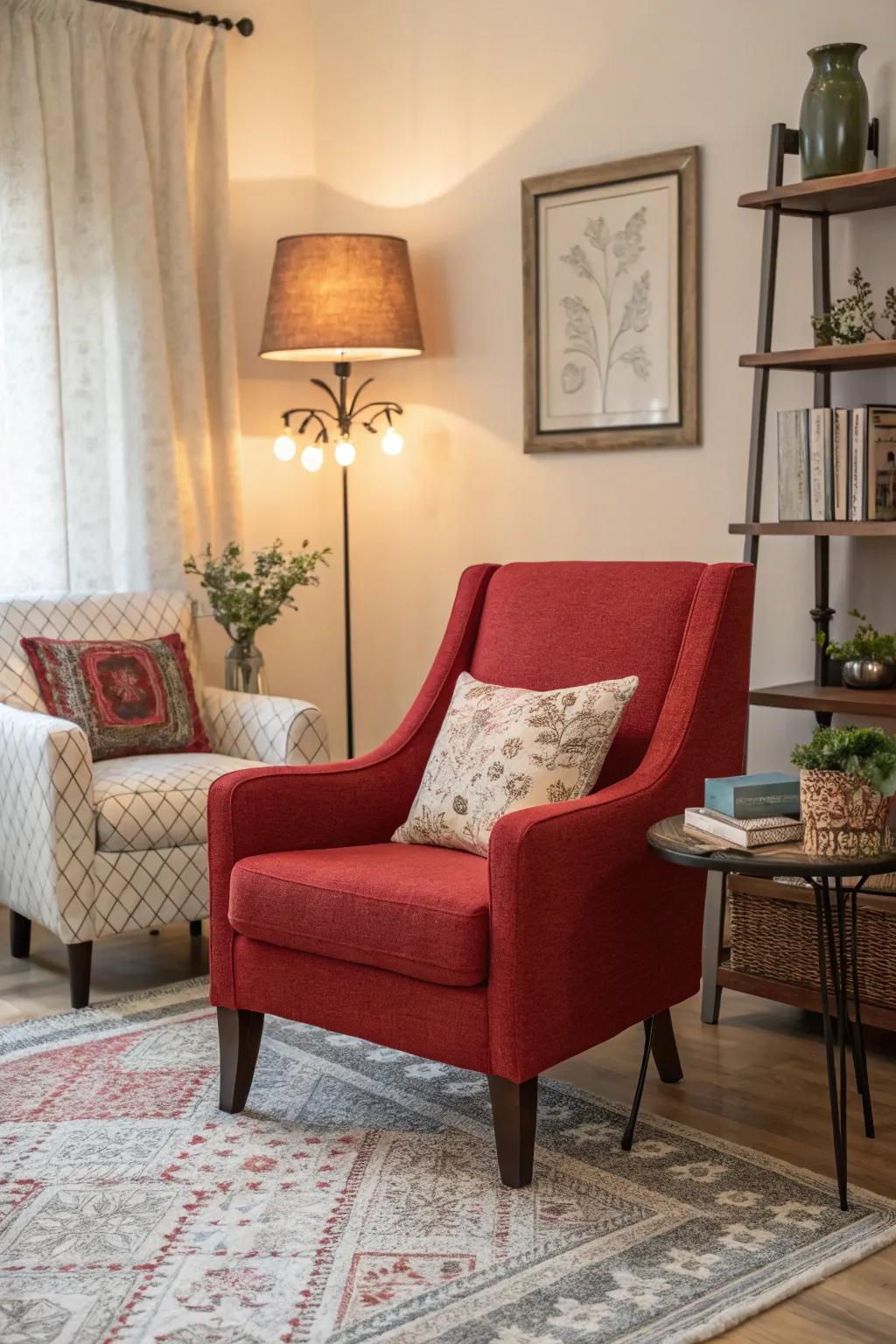 A red chair energizes the space with bold vibrancy.