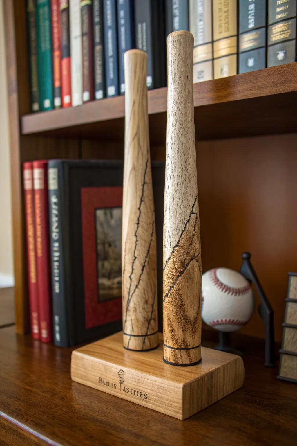 Add character to your bookshelf with these unique baseball bat bookends!