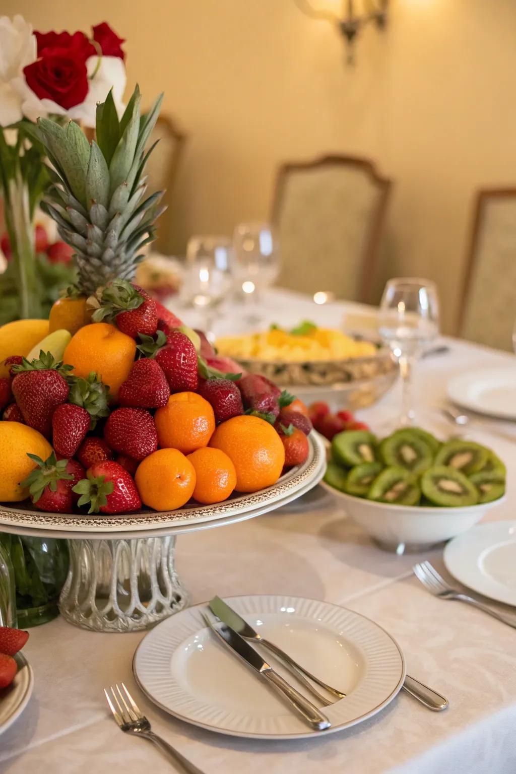 A brunch table with a colorful fruit display as the centerpiece.