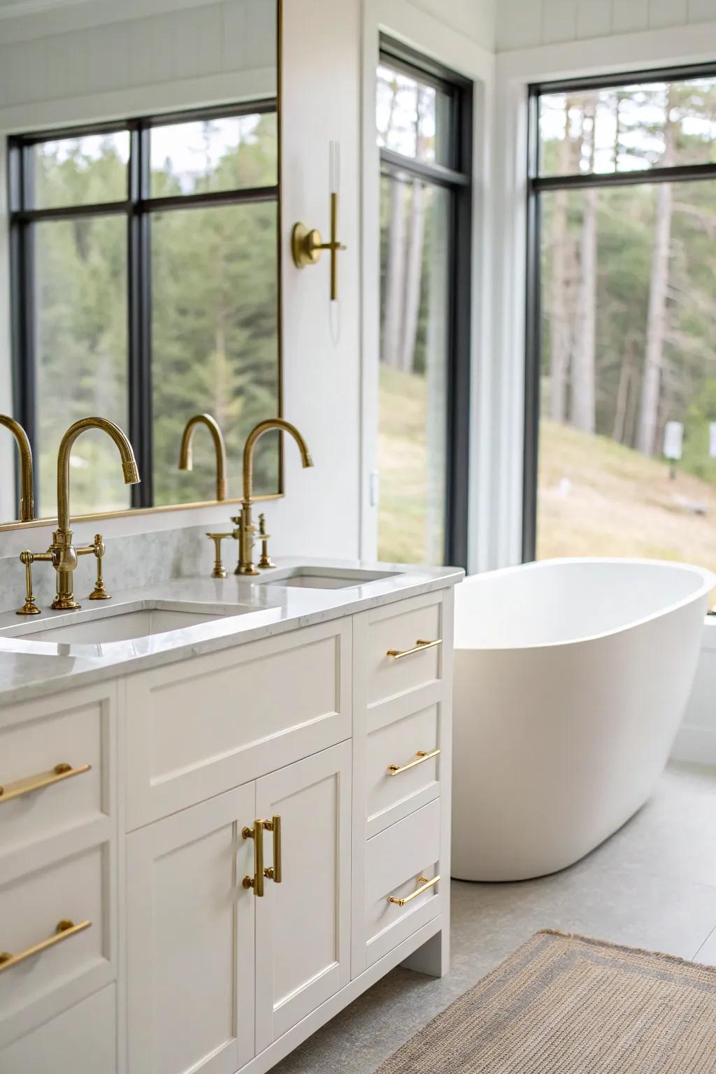 A minimalist bathroom featuring brushed brass accents for a modern touch.