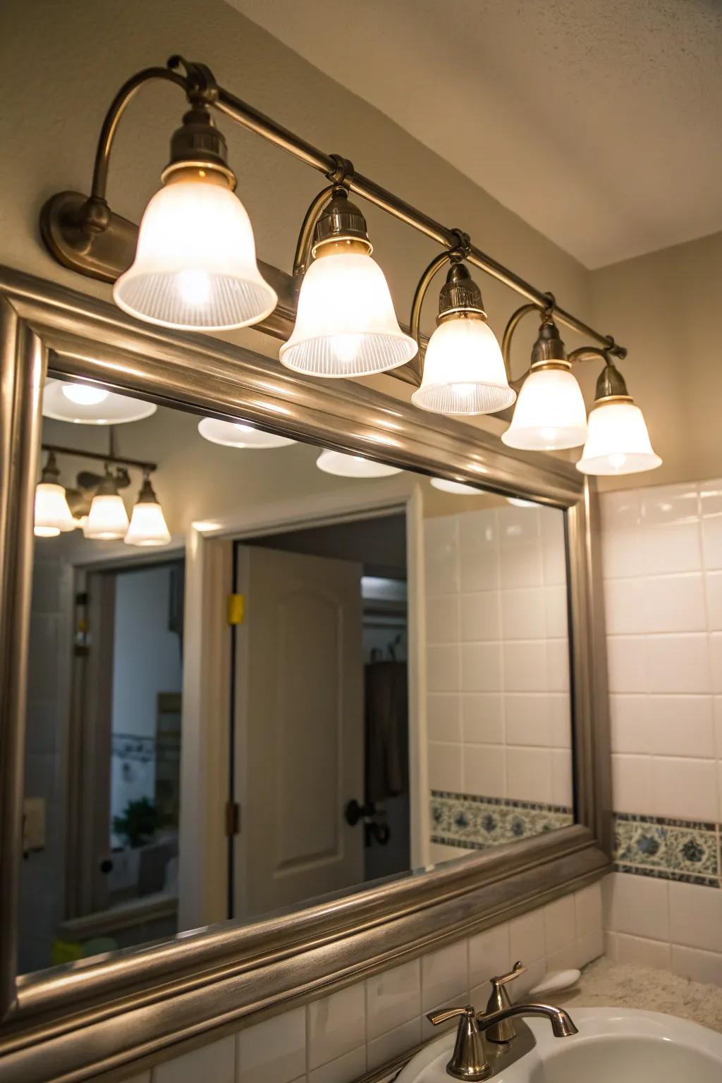 Dimmable brushed nickel lighting providing customizable brightness above a bathroom mirror.